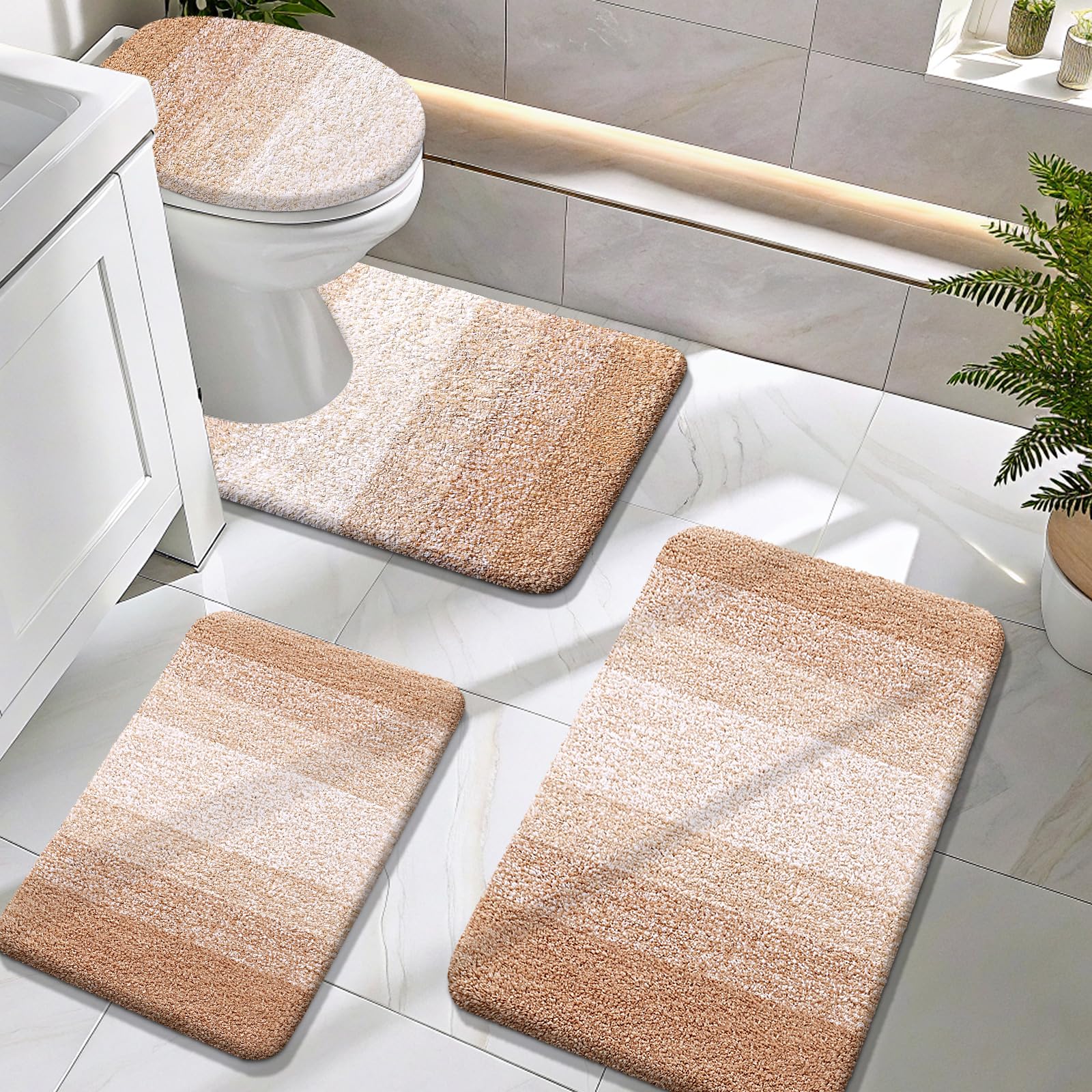 OLANLY Bathroom Rugs Sets 4 piece, Soft Microfiber Absorbent Bath Mat, U-Shaped Contour Toilet Mat and Toilet Lid Cover, Quick Dry, Machine Washable, Toilet Cover and Rug Set for Bathroom, Grey