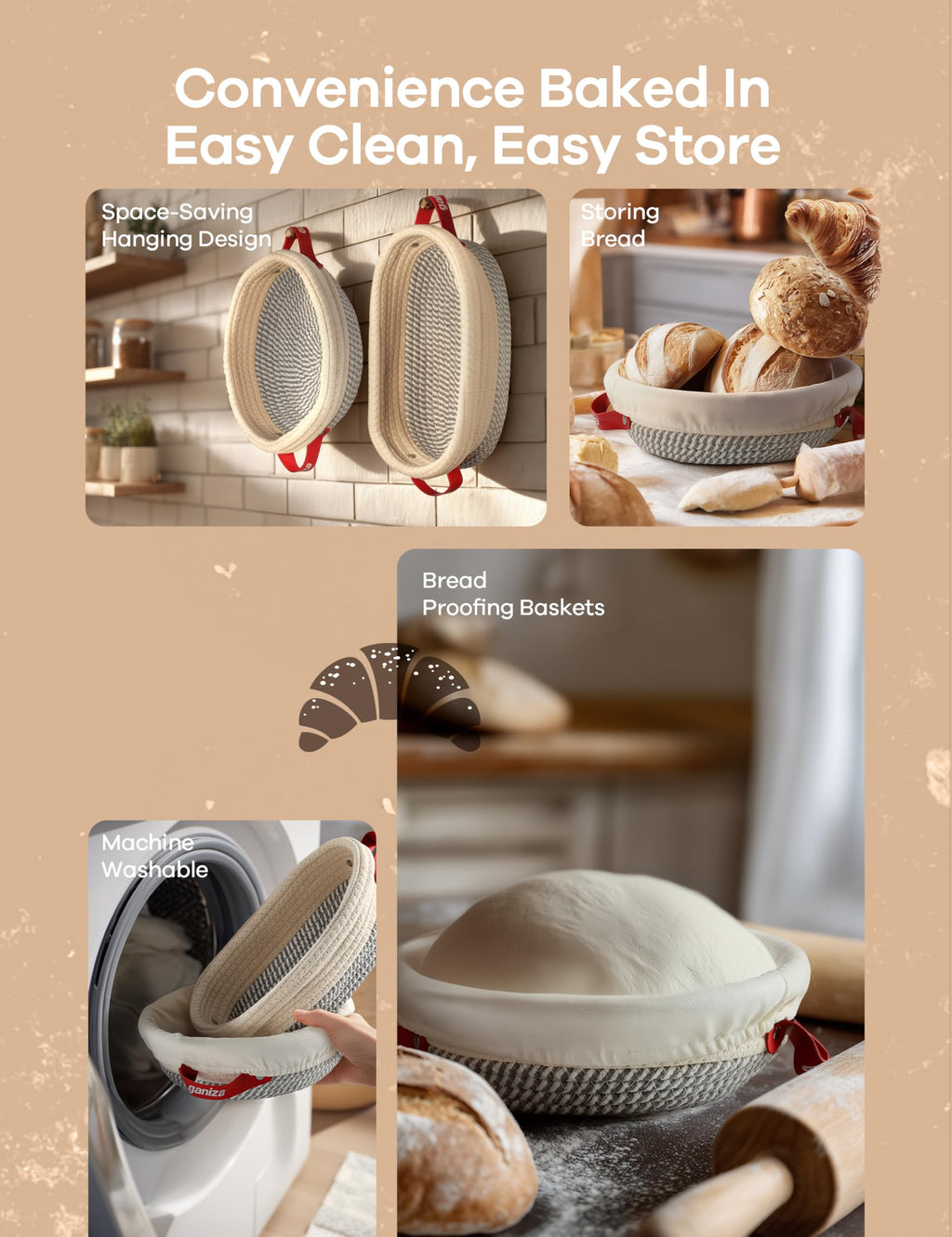 Ganiza Sourdough Starter Kit, Cotton Rope Sourdough Bread Baking Supplies, 9'' Round & 10'' Oval Banneton Basket with Liners & Covers, Sourdough Proofing Basket Kit Gifts for Bakers Women Wife Mom