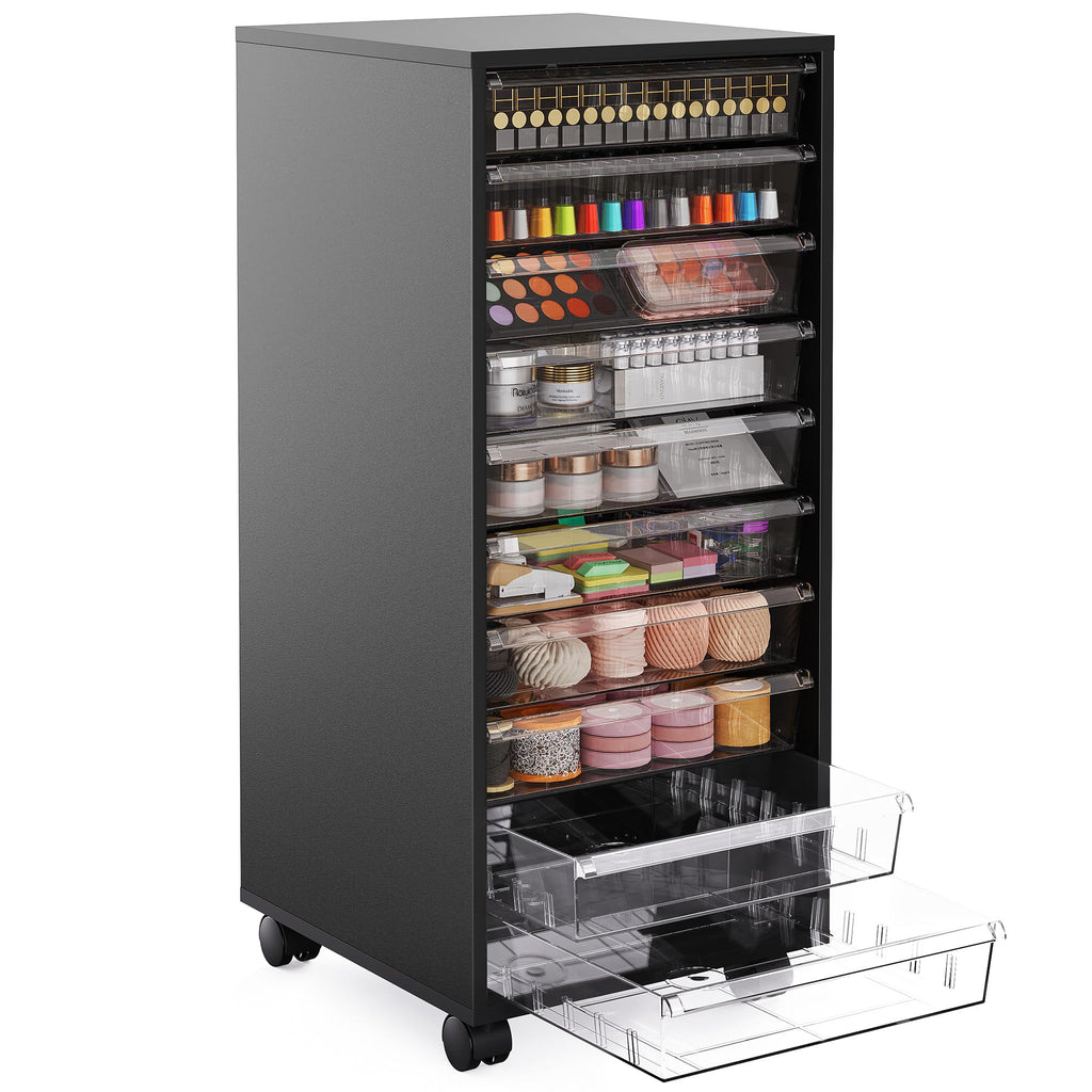 WOPITUES Storage Drawer Cart, Mobile Storage Cabinet, Makeup Storage with 10 Large Clear Drawers, Utility Wooden Rolling Cart on Wheels, for Cosmetic, Art Craft, Office Supplies, Toy, White