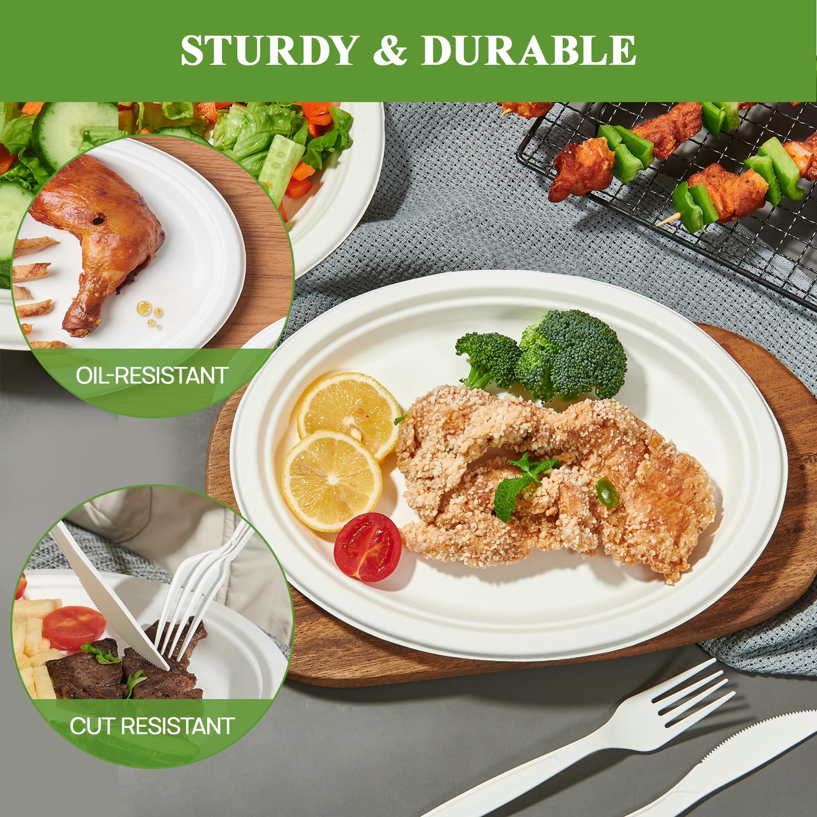 Vplus 100% Compostable Oval Paper Plates 12 inch 120 Pack Super Strong Disposable Dinner Plates Natural Biodegradable Eco-Friendly Sugarcane Plates for BBQ, Party, Gathering, and Picnic