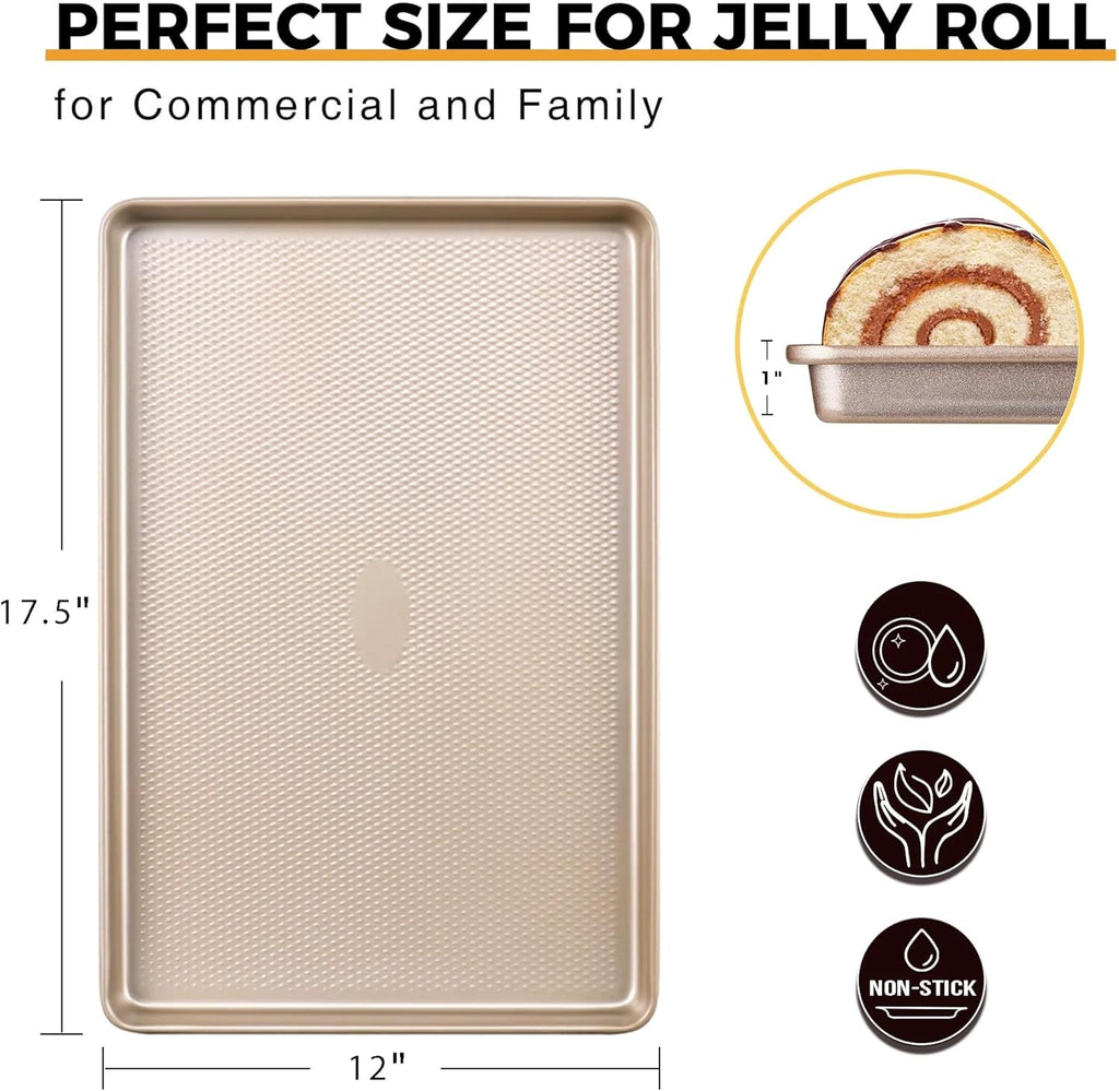 HONGBAKE Half Baking Sheet Pan with Diamond Texture, Non Stick Cookie Sheet for Baking, Heavy Duty Non Toxic Baking Pan for Oven, 17.6" x 12" Baking Trays, Gold