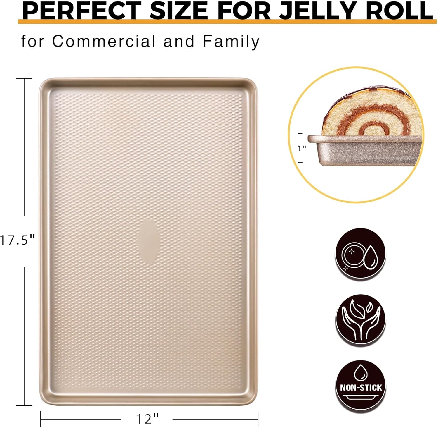 HONGBAKE Half Baking Sheet Pan with Diamond Texture, Non Stick Cookie Sheet for Baking, Heavy Duty Non Toxic Baking Pan for Oven, 17.6" x 12" Baking Trays, Gold