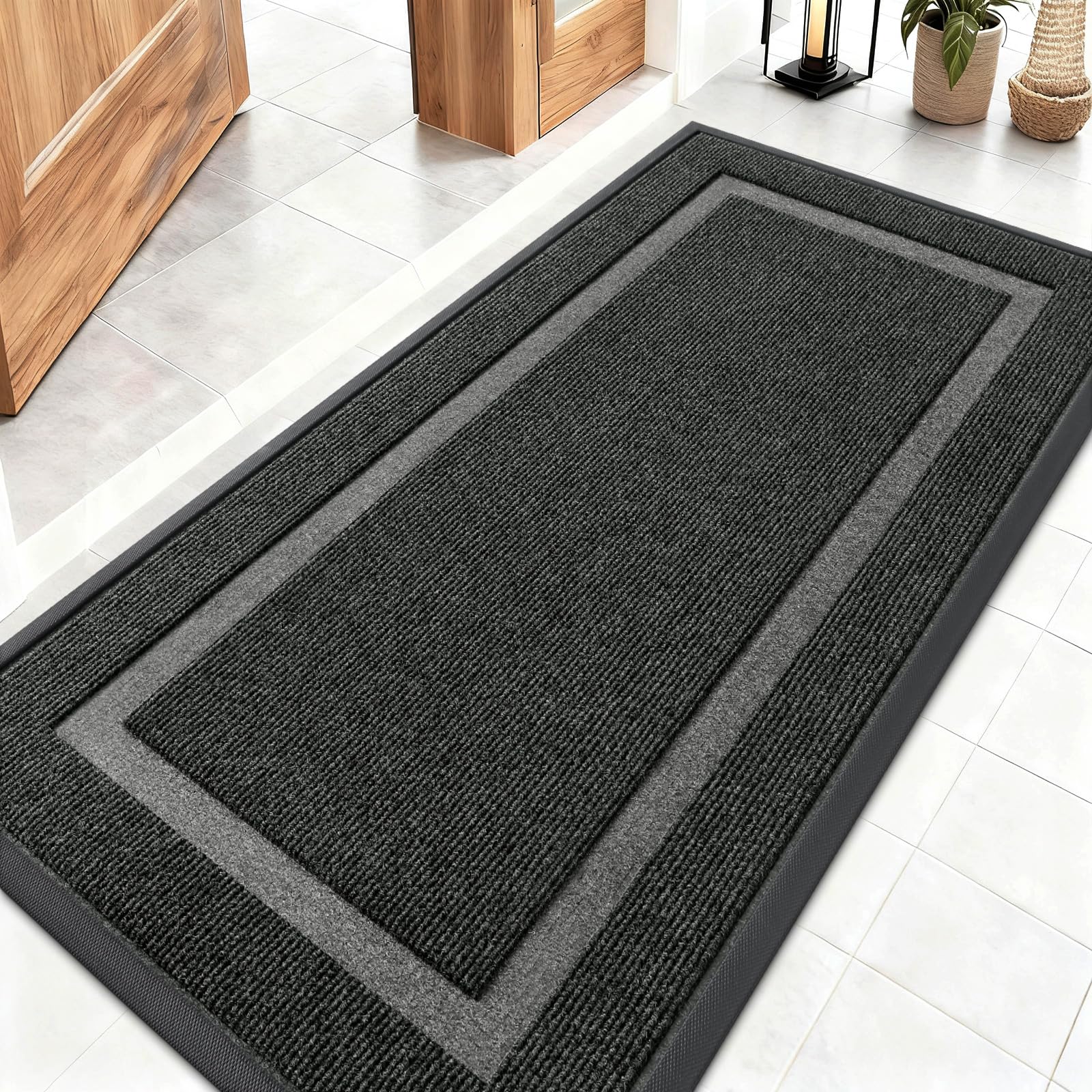 OLANLY Front Door Mat Indoor Outdoor Entrance, Waterproof All-Season, All-Weather Doormat, Sturdy Natural Rubber, Fade Resistant, Low Profile, Easy Clean Patio Porch Entryway Mat, 29.5x17, Black