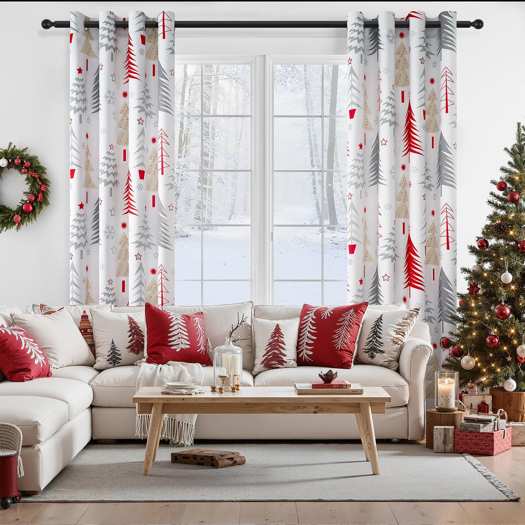 Topfinel Christmas Curtains 84 Inch Length for Living Room 2 Panels Set,Grommet Xmas Decoration Window Curtains with Christmas Tree and Snowflake Print for Bedroom,Set of 2,52x84 Inches Long,White
