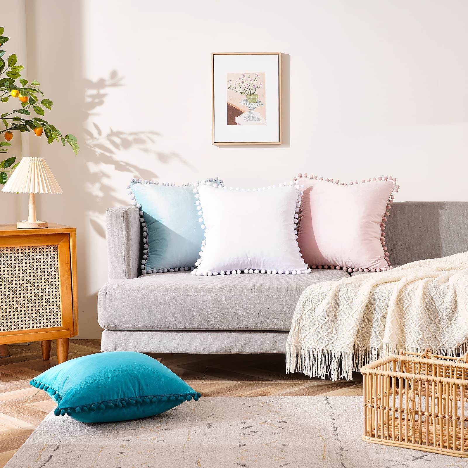 Top Finel Blush Pink Throw Pillow Covers 18x18 Inches for Couch Aesthetic Decorative Sofa Pillow Covers Set of 2 Soft Velvet Cushion Cover Pillow Cases with Pom-poms for Bedroom Livingroom Office Car