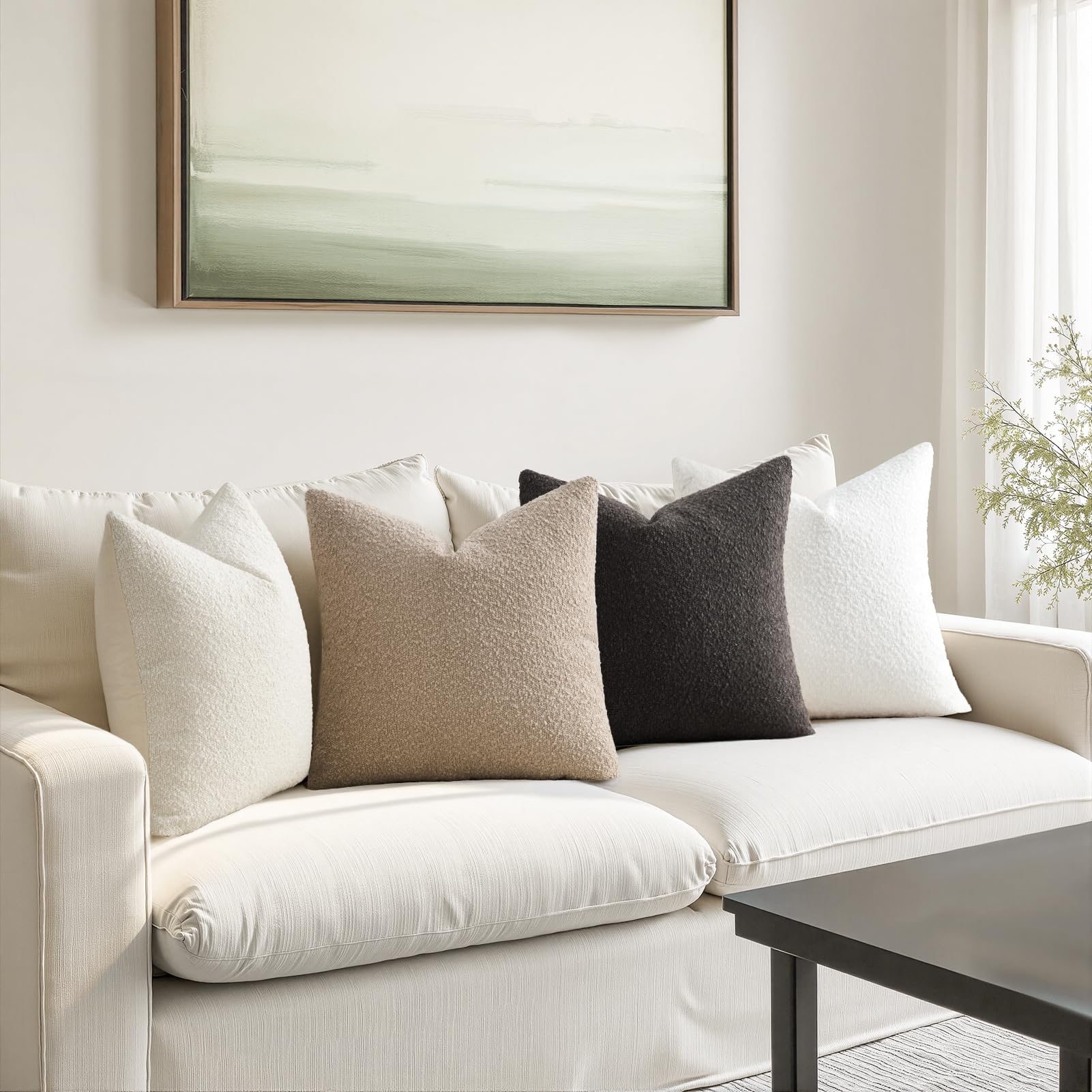 Topfinel Boucle Decorative Pillow Covers 18x18 Inches Set of 4 Neutral Cream Ivory White Pillowcase with Linen Cotton Back Chair Sofa Modern & Minimal Living Room Spring Home Decor