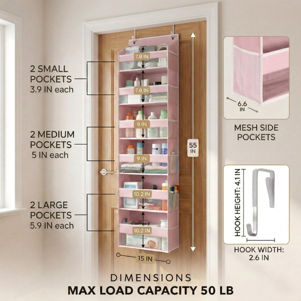 HOMELUX THEORY UPGRADED 6 Tiers Over The Door Organizer Hanging - 100D EXTRA THICK & 50lbs HUGE CAPACITY, 12 Side Mesh Pockets Over The Door Shoe Organizer, Hanging Closet Organizer (Ivory, 1pc)