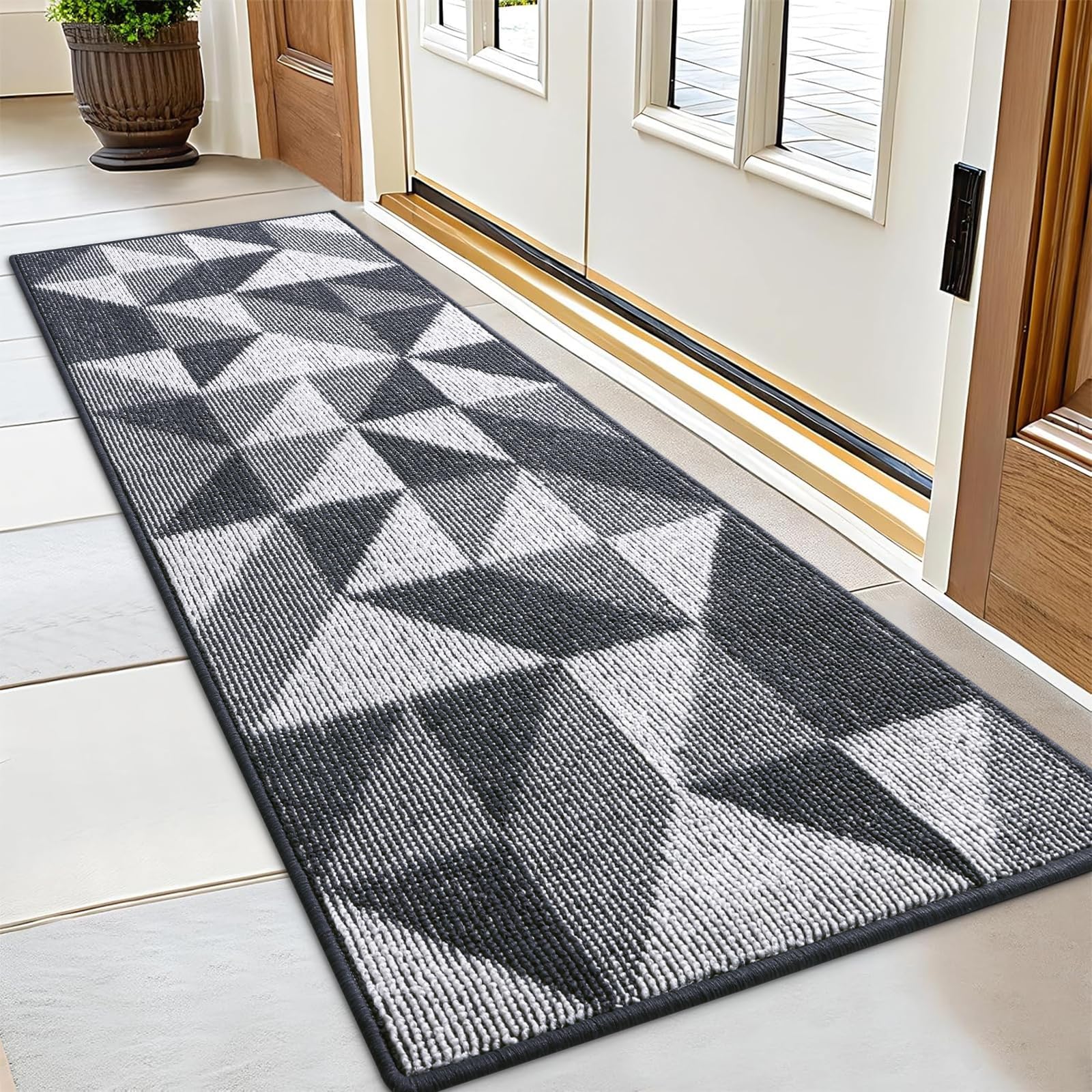 OLANLY Door Mat Indoor Entrance Washable 32x20, Odor-Free Low-Profile Front Back Geometric Doormat, Absorbent Resist Dirt Entry Carpet, Easy to Clean Sturdy Inside Floor Mats for Entryway, Black