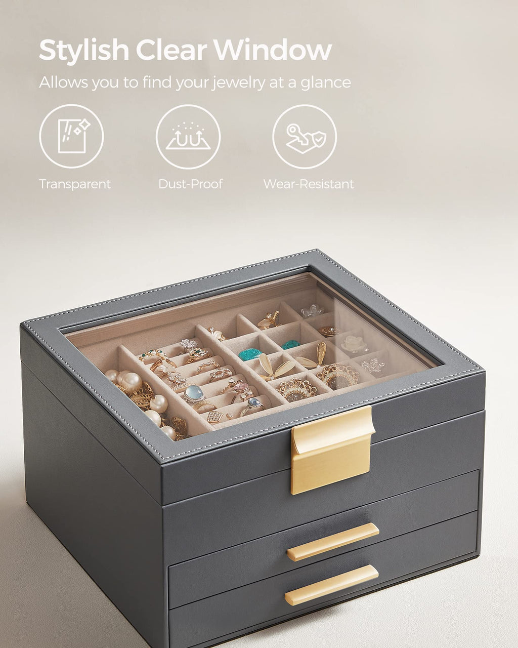 SONGMICS GISELLA Collection - Jewelry Box Organizer, 3-Layer Jewelry Storage with 2 Drawers, Shiny Metal Hardware, Glass Lid, Modern, 8 x 9.1 x 5.3 Inches, Cloud White and Gold Color UJBC239WT