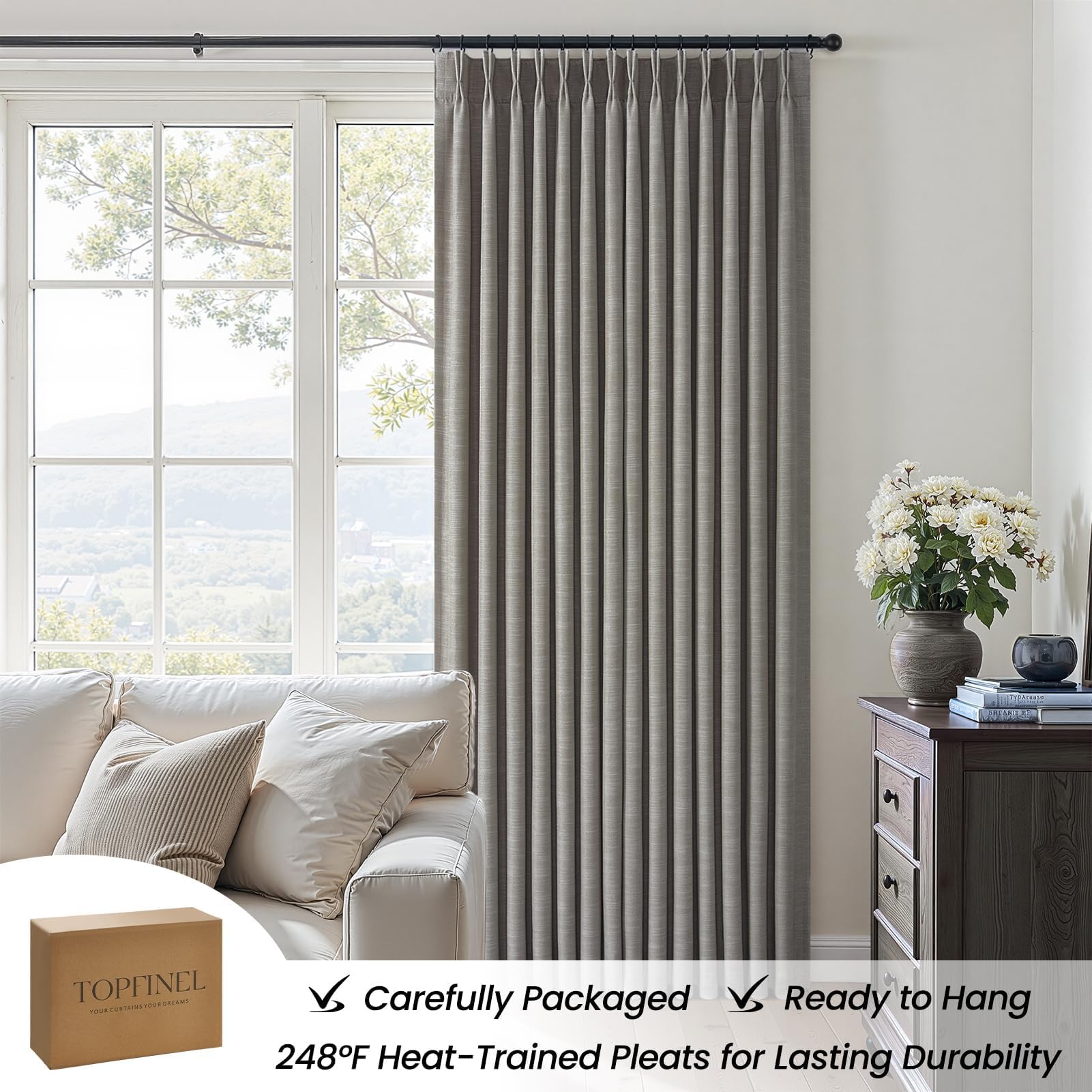Topfinel 84 Inch Long Natural Blackout Curtains for Bedroom Livingroom, Farmhouse Back Tab Pinch Pleated Drapes for Track System,Neutral Linen Ambiance & Privacy Drapes Natural 52" W*84" L