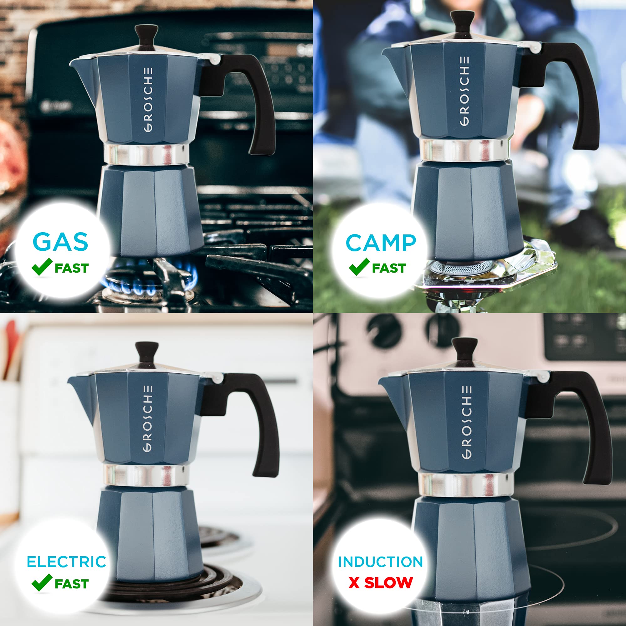 GROSCHE Milano Moka pot, Stovetop Espresso maker, Greca Coffee Maker, Stovetop coffee maker and espresso maker percolator (Grey, 6 cup)