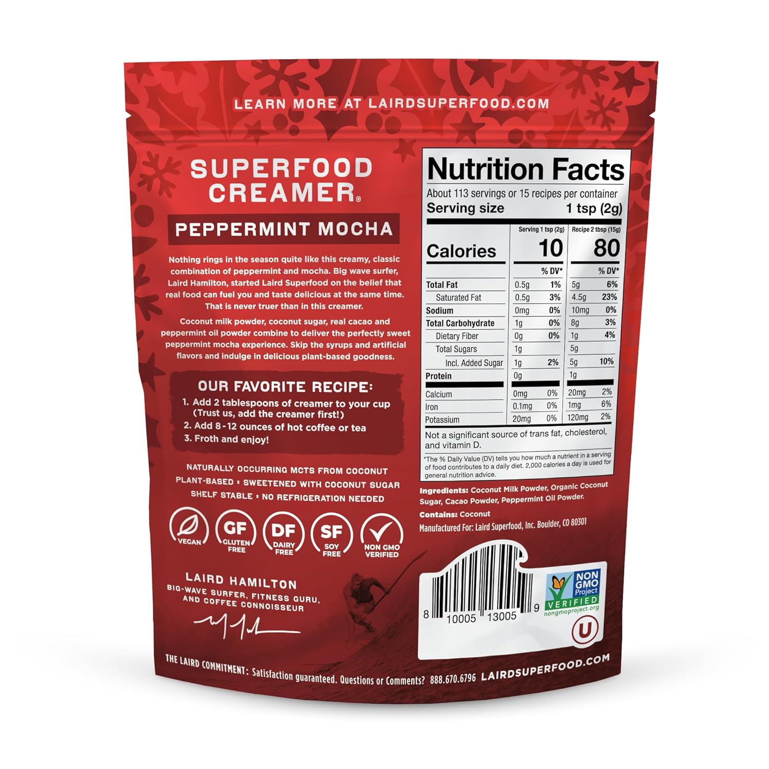 Laird Superfood Non-Dairy Coconut Powder Creamer - Sweet & Creamy + Adaptogens - Superfood Creamer with Functional Mushrooms - Non-GMO, Vegan, 8 oz. Bag, Pack of 1