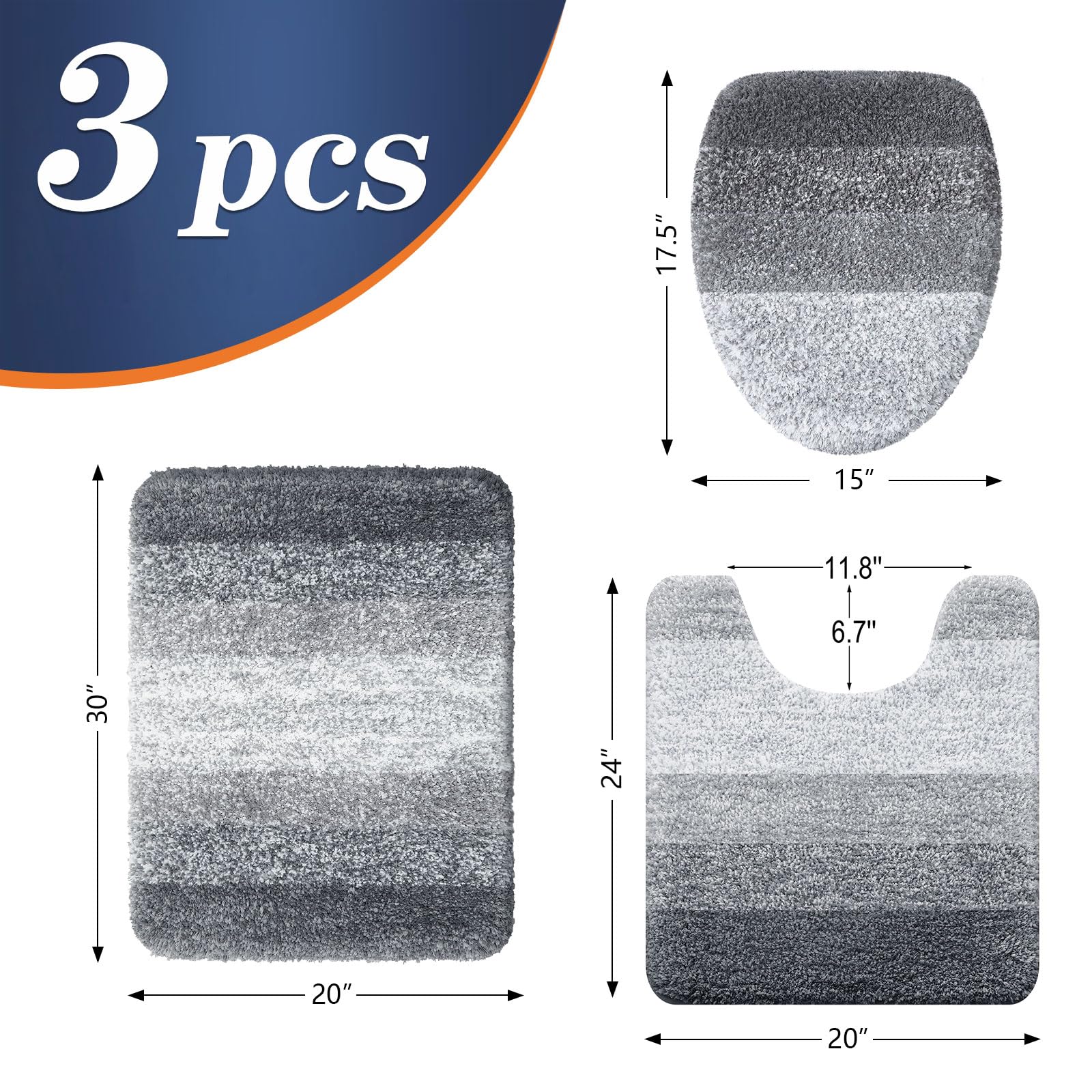 OLANLY Bathroom Rugs Sets 3 piece, Soft Microfiber Absorbent Bath Mat, U-Shaped Contour Toilet Mat and Toilet Lid Cover, Quick Dry, Machine Washable, Toilet Cover and Rug Set for Bathroom, Grey