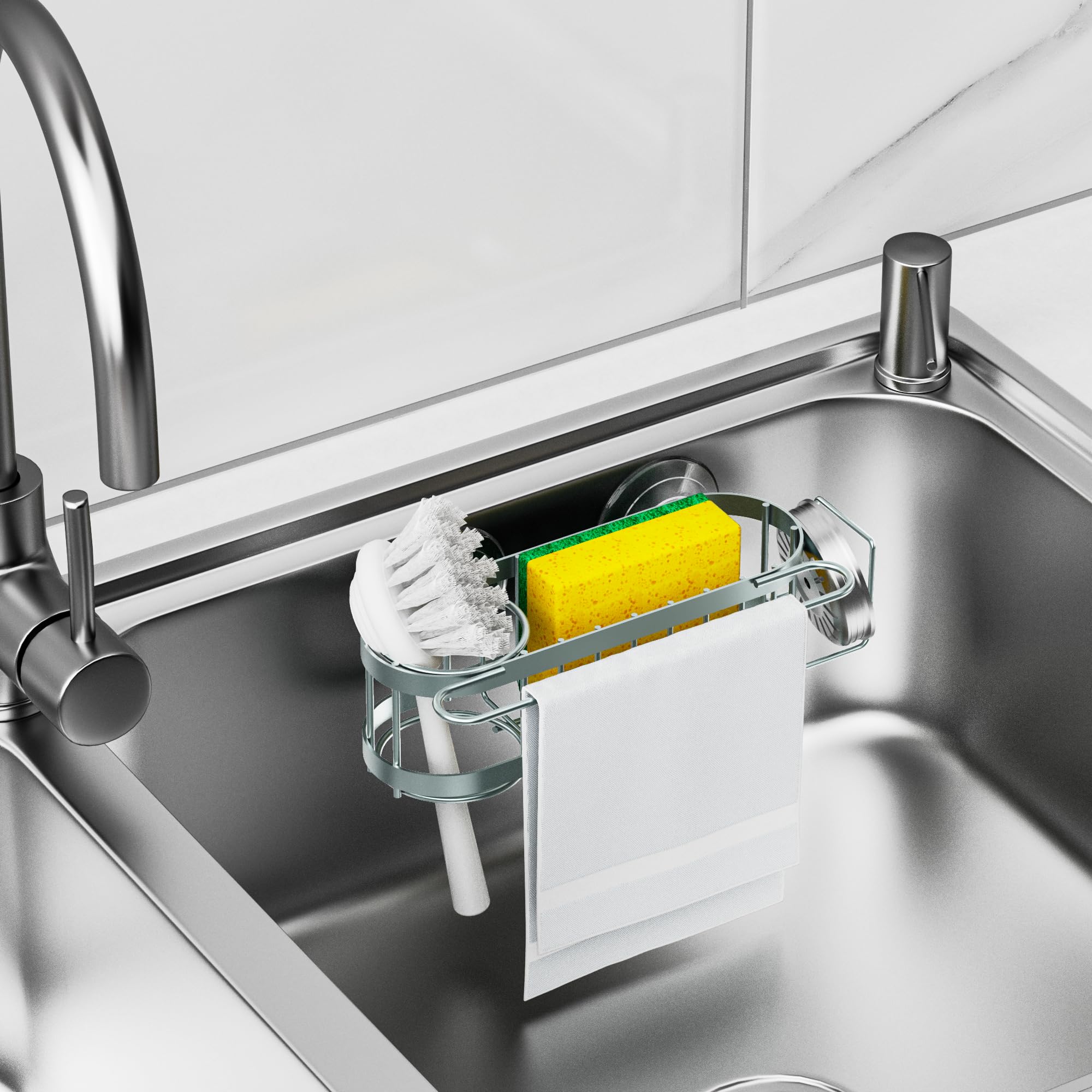 Cisily Organizador de Fregadero de Cocina con Soporte para Esponja en el Fregadero, Organizador de Fregadero de Cocina de Acero Inoxidable, Soporte para Cepillo, Percha para Paños de Platos, Soporte