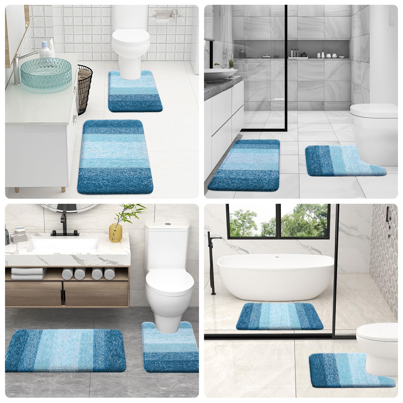 OLANLY Bathroom Rugs Sets 4 piece, Soft Microfiber Absorbent Bath Mat, U-Shaped Contour Toilet Mat and Toilet Lid Cover, Quick Dry, Machine Washable, Toilet Cover and Rug Set for Bathroom, Grey