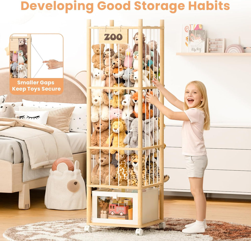 upsimples 58in Stuffed Animal Storage with Drawer and Wheels, Solid Wood Large Capacity Plushies Holder & Toy Organizer for Nursery, Kids Bedroom Corner and Play Room