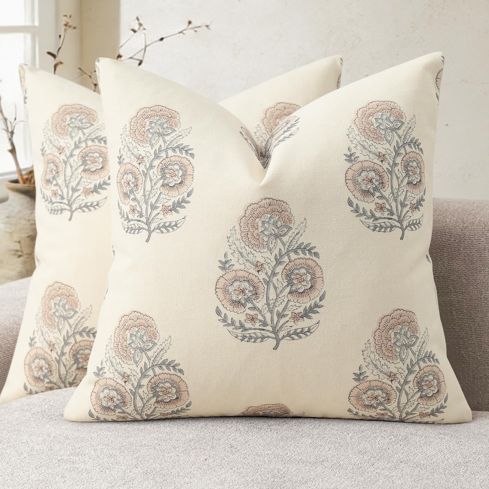 YCOLL Vintage Floral Print Pillow Covers 18x18 Set of 2 Patterned Accent Decorative Cushion Covers Modern Farmhouse Throw Pillow Covers for Sofa Couch Chair Bed Living Room Home Decor, Light Blue