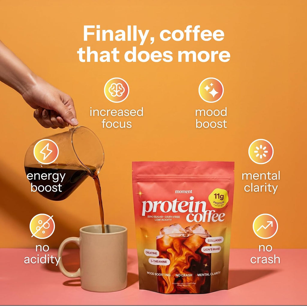 Moment High Protein Mushroom Coffee with Creatine – Zero Sugar, Low Acidity Instant Protein Coffee Powder with Lion’s Mane, Reishi & L-Theanine for Energy, Focus & Mental Clarity-25 Servings