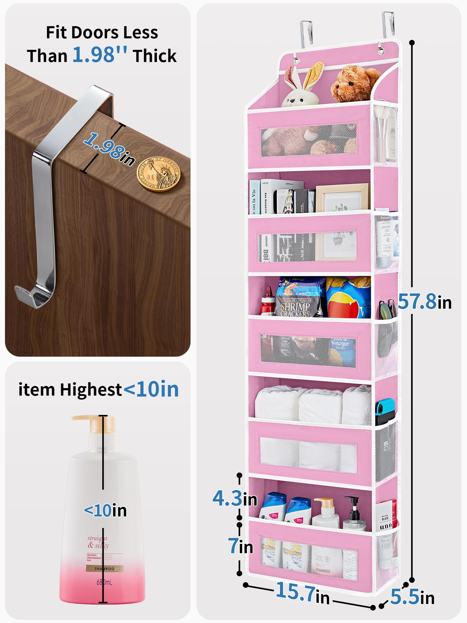 JARLINK Over The Door Organizer Storage, 5 Shelf Hanging Door Organizer with 5 Large Capacity Pockets, Anti Tilt 44 lb Load Behind Door Storage for Bedroom, Bathroom, Pantry, Nursery, (Grey)