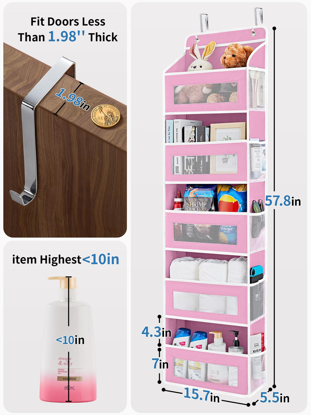 JARLINK Over The Door Organizer Storage, 5 Shelf Hanging Door Organizer with 5 Large Capacity Pockets, Anti Tilt 44 lb Load Behind Door Storage for Bedroom, Bathroom, Pantry, Nursery, (Grey)