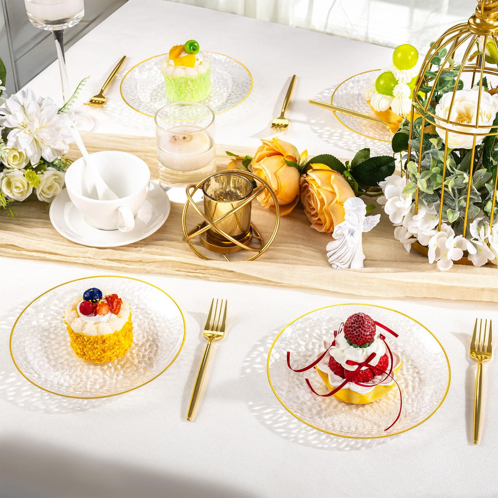 DaYammi 240Pcs Gold Plastic Plates Including 120Pcs Dessert Plates and 120Pcs Cake Forks,Hammered Party Plate,Clear Gold Appetizer plates Heavy duty Disposable Plastic Plate for Party Wedding Birthday