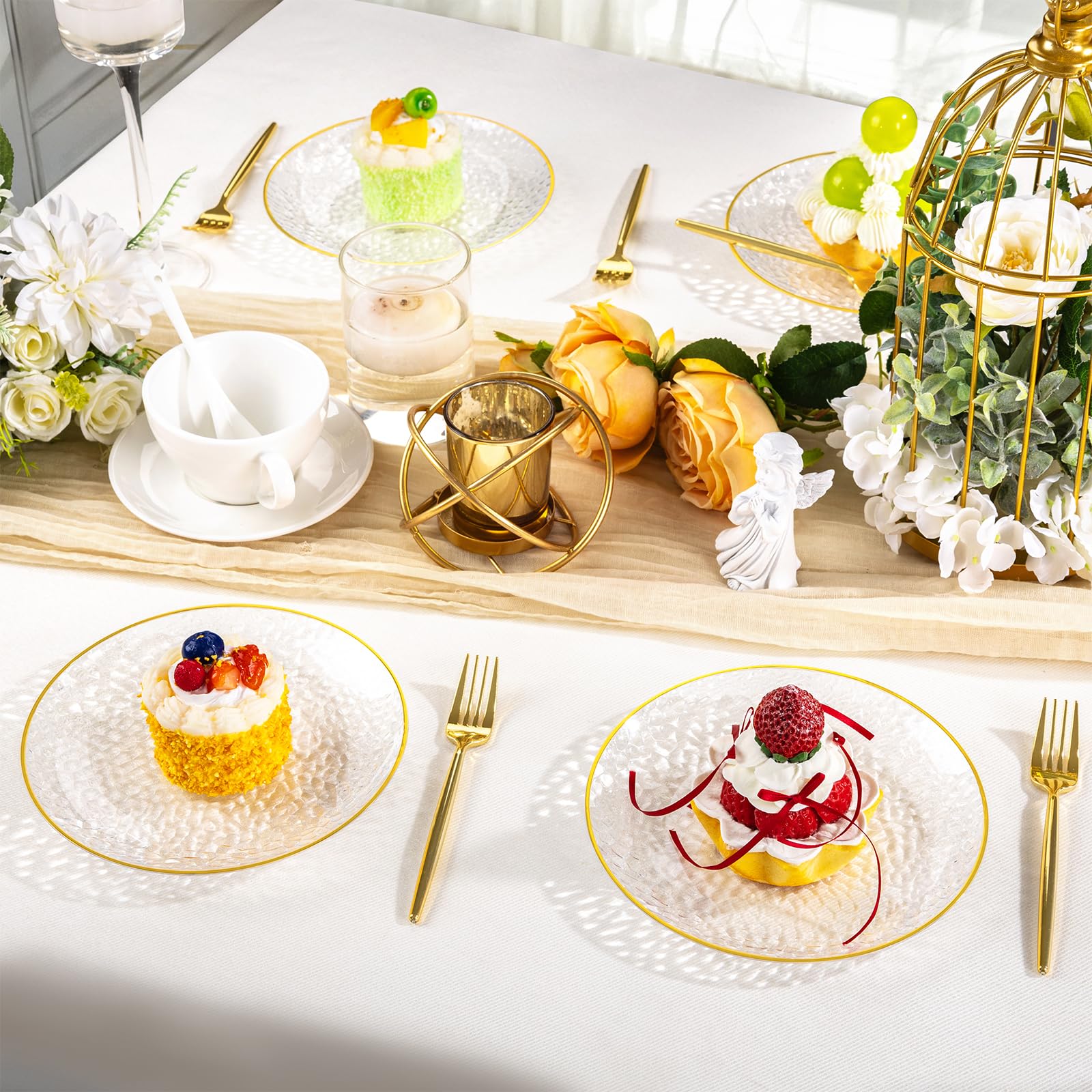DaYammi 240Pcs Gold Plastic Plates Including 120Pcs Dessert Plates and 120Pcs Cake Forks,Hammered Party Plate,Clear Gold Appetizer plates Heavy duty Disposable Plastic Plate for Party Wedding Birthday
