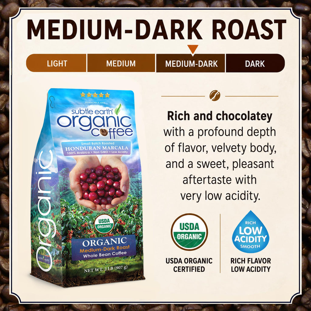 2LB Subtle Earth Organic Coffee - Dark Roast - Whole Bean Coffee - 100% Arabica Beans - Low Acidity and Non-GMO - 2lb bag
