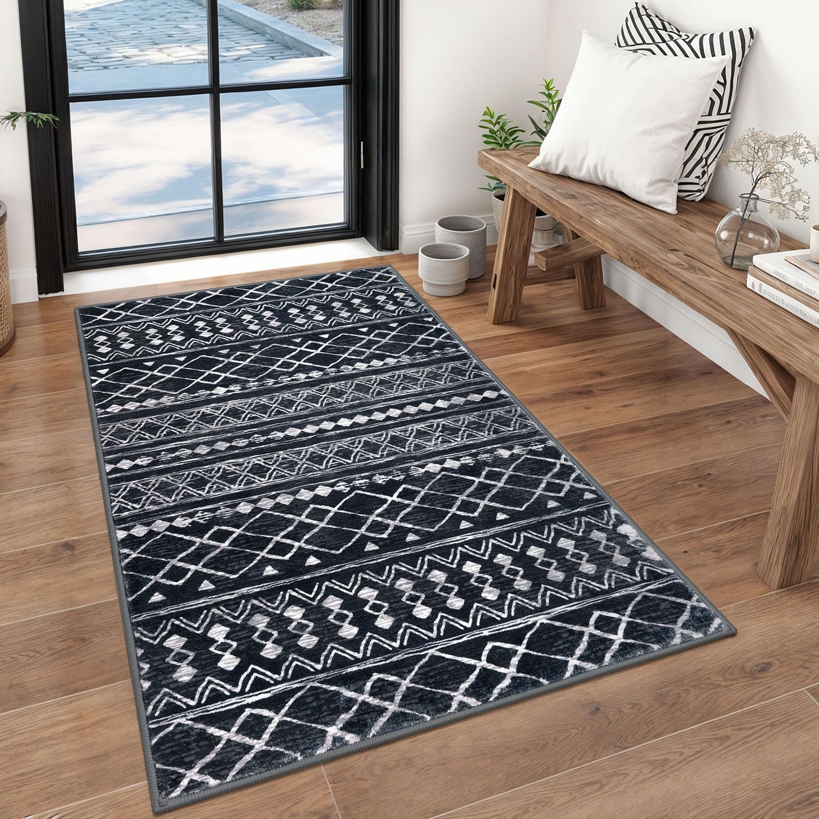 KUTA Washable Non-Slip Rugs for Entryway 2x3, Grey Moroccan Boho Small Area Rug, Ultra Soft Vintage Geometric Low-Pile Indoor Door Mat Floor Carpet for Indoor, Entrance, Kitchen, Bathroom, Bedroom