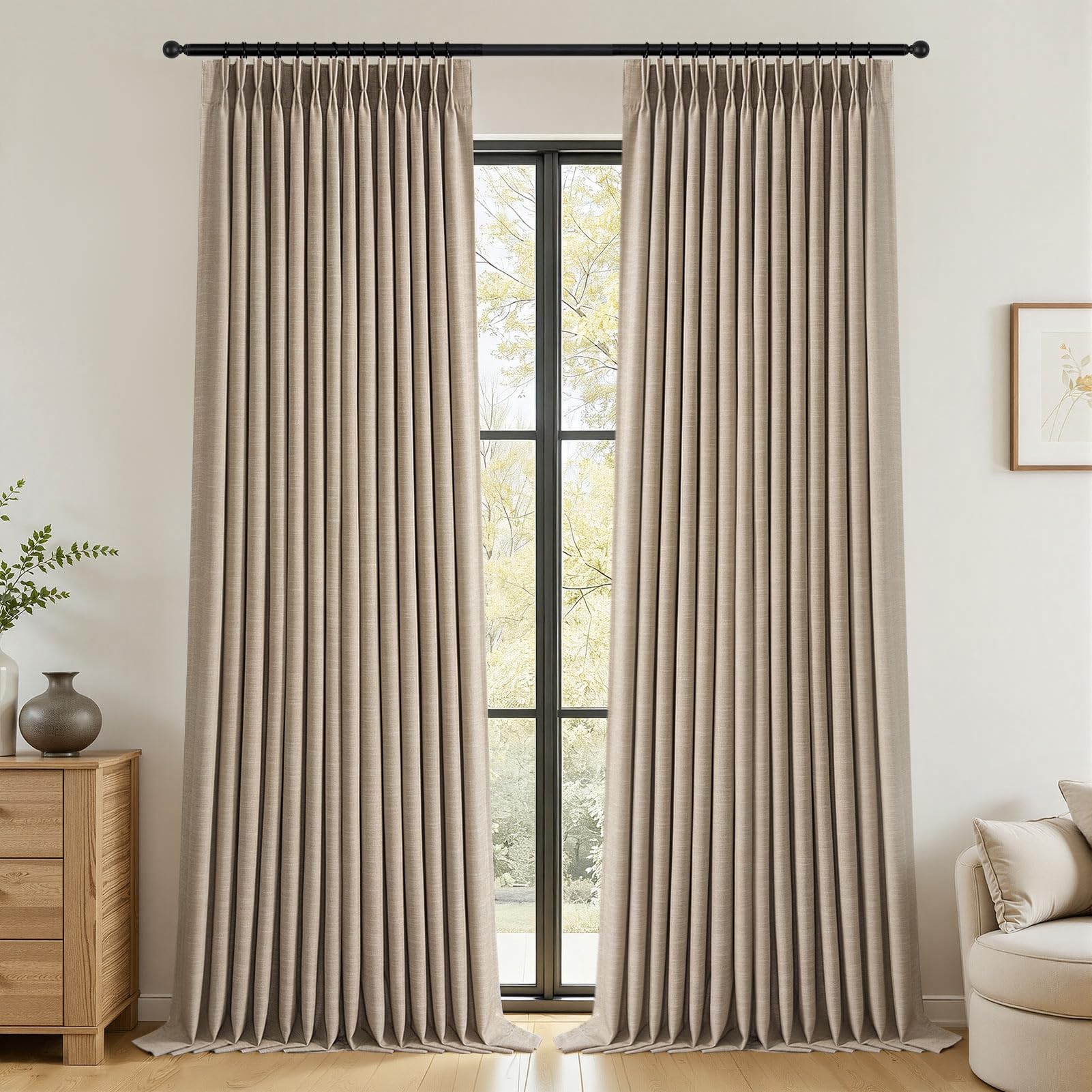 Topfinel 84 Inch Long Natural Blackout Curtains for Bedroom Livingroom, Farmhouse Back Tab Pinch Pleated Drapes for Track System,Neutral Linen Ambiance & Privacy Drapes Natural 52" W*84" L