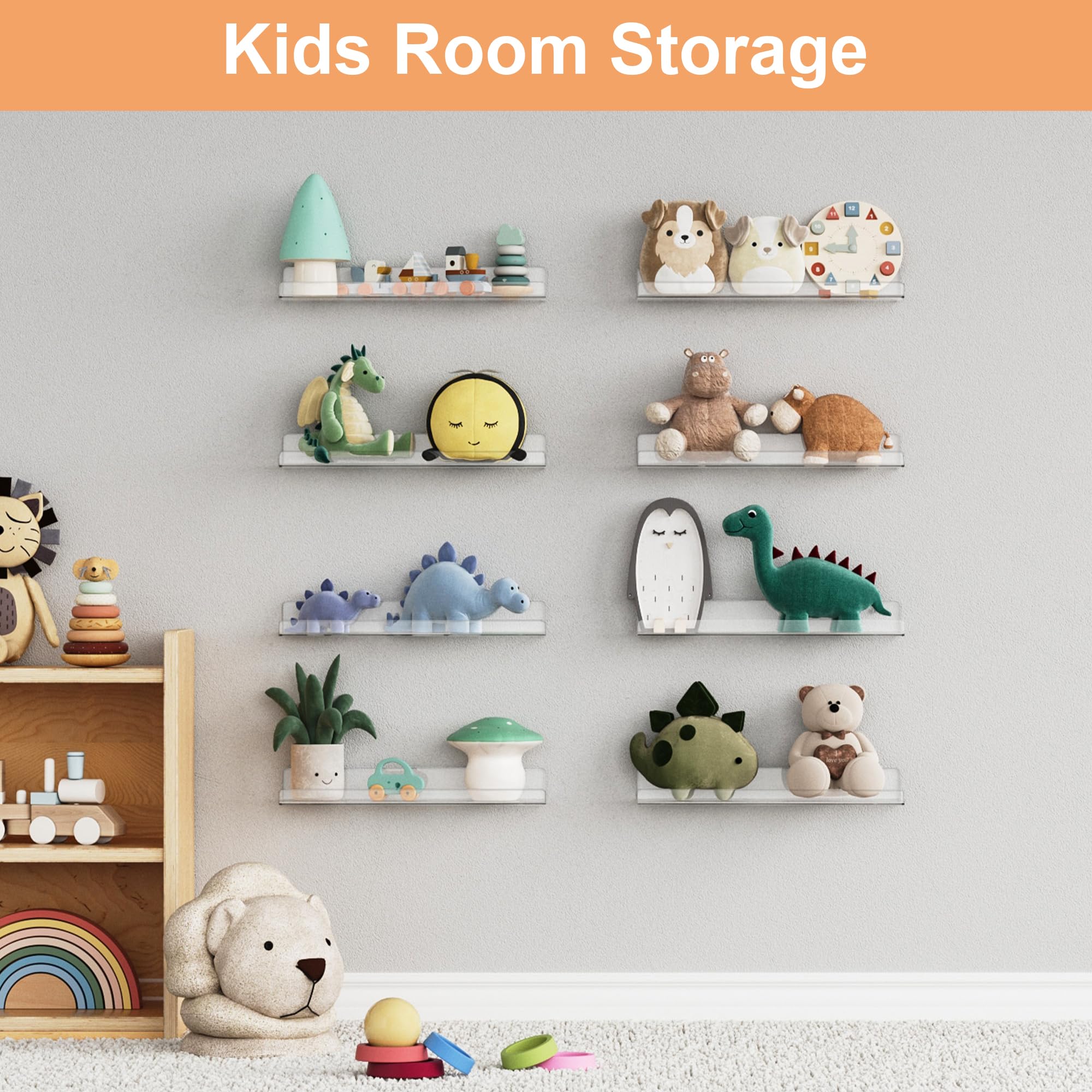 upsimples Acrylic Shelves for Bathroom Storage, 15" Floating Shelves Wall Organizer for Perfume, Make up, Skincare, Kids Bookshelf for Bedroom, Nursery, Living Room Decor, Clear, 4 Pack