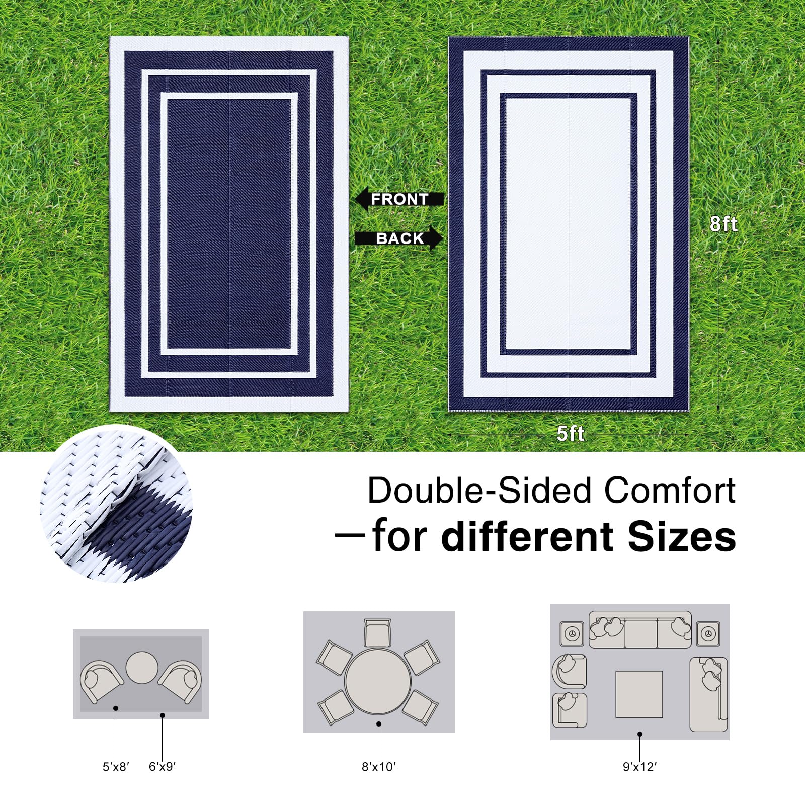 OLANLY Outdoor Rug 5x8 ft Waterproof, Reversible Outdoor Plastic Straw Rug, RV Mat, Indoor Outdoor Carpet Clearance for Patio, Camping, Balcony, Deck, Backyard, Grey & White