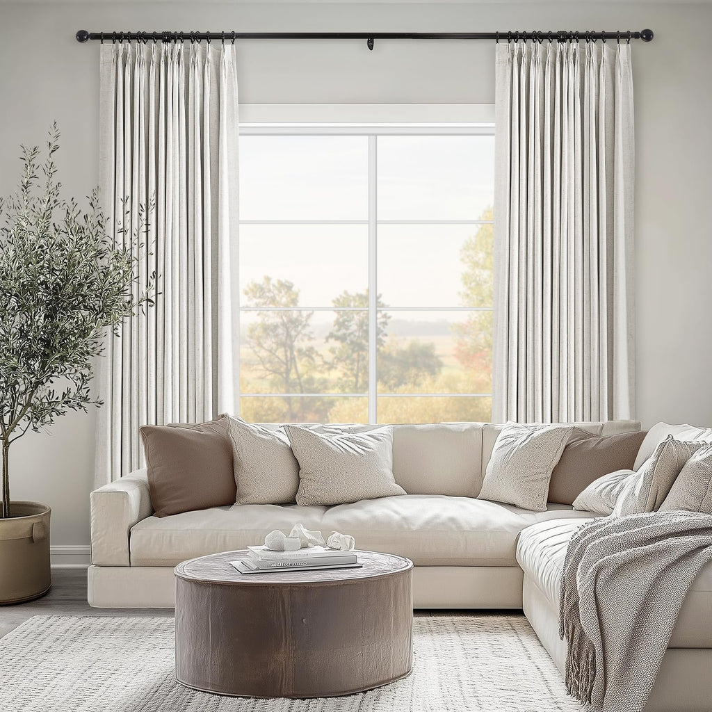 Topfinel Pinch Pleated Curtains 96 Inch Long, 100% Blackout Thermal Insulated Natural Linen Pinch Pleat Viral Drapes with Hooks Rings 2 Panel Sets, Neutral Beige Ivory 8FT Back Tab Window Curtains