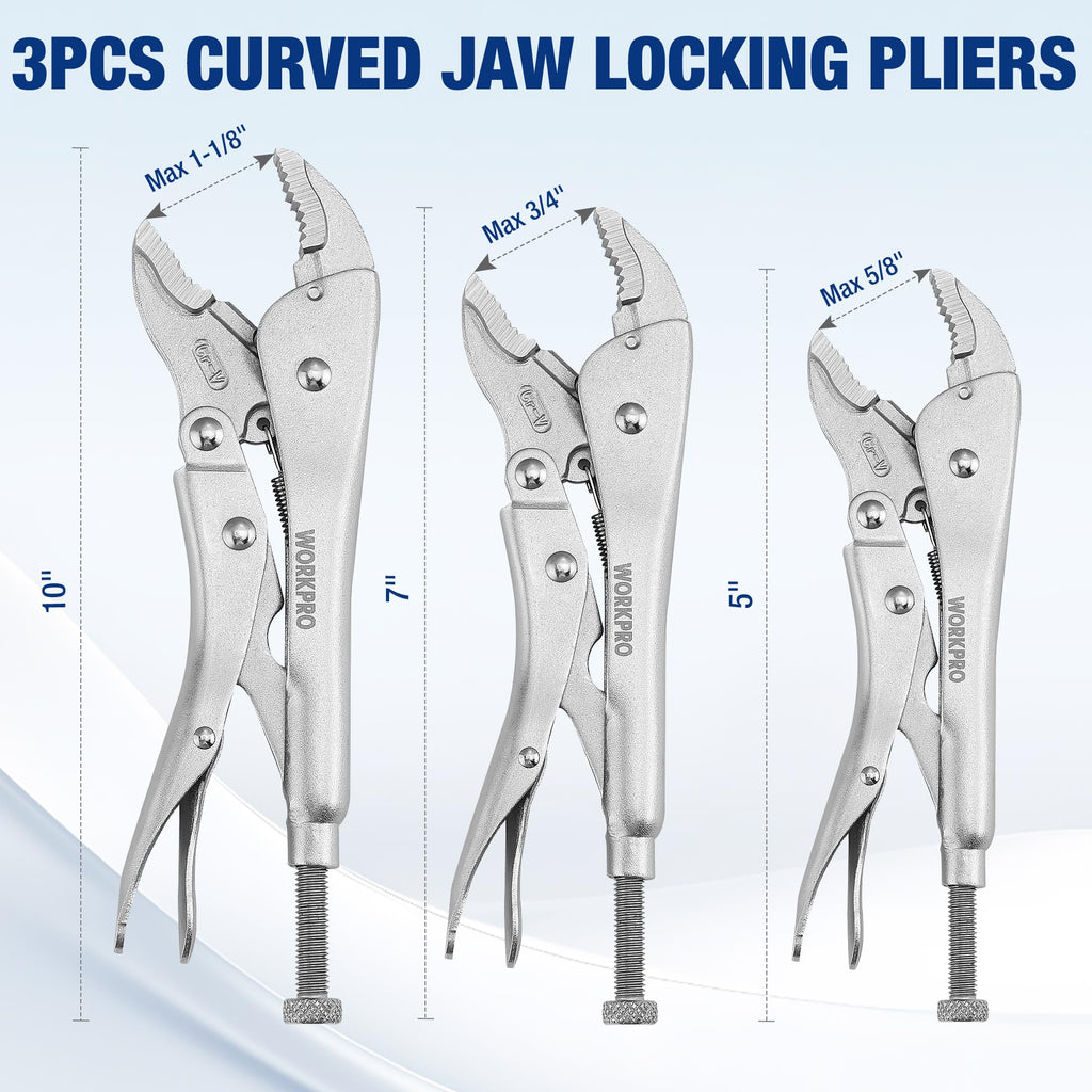 WORKPRO 5-Piece Locking Pliers Set, Pliers Tool Set, Vice Grips with Chrome-vanadium Steel, 5/7/10 inch Curved Jaw Pliers, 6.5/9 inch Long Nose Pliers