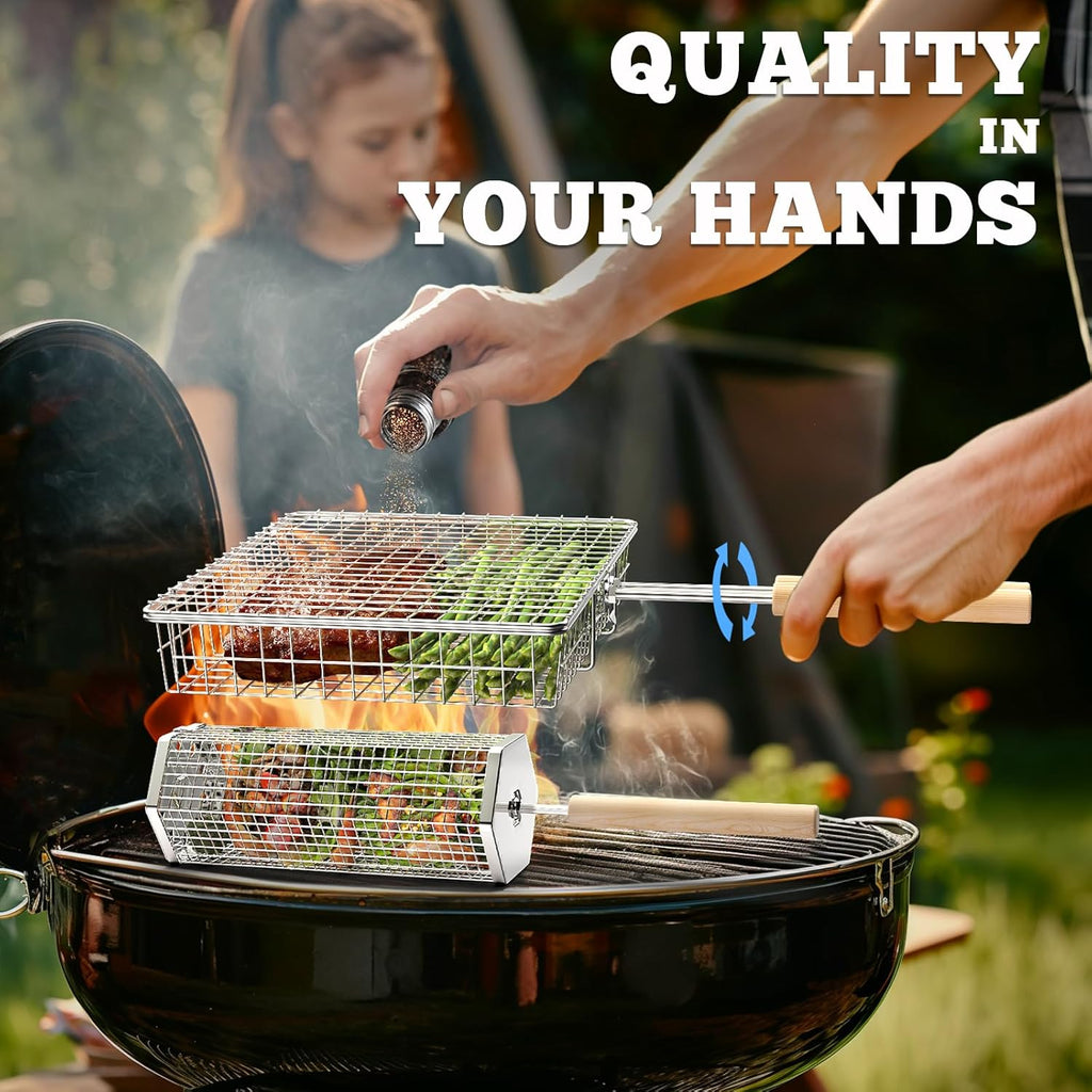 ivtivfu Grill Basket Set, Removable Wooden Handle, 304 Stainless Steel, Rolling BBQ Tools, Smoker Grilling Accessories for Vegetable Fish, Outdoor Cooking Camping, Birthday Gifts for Men Dad Husband