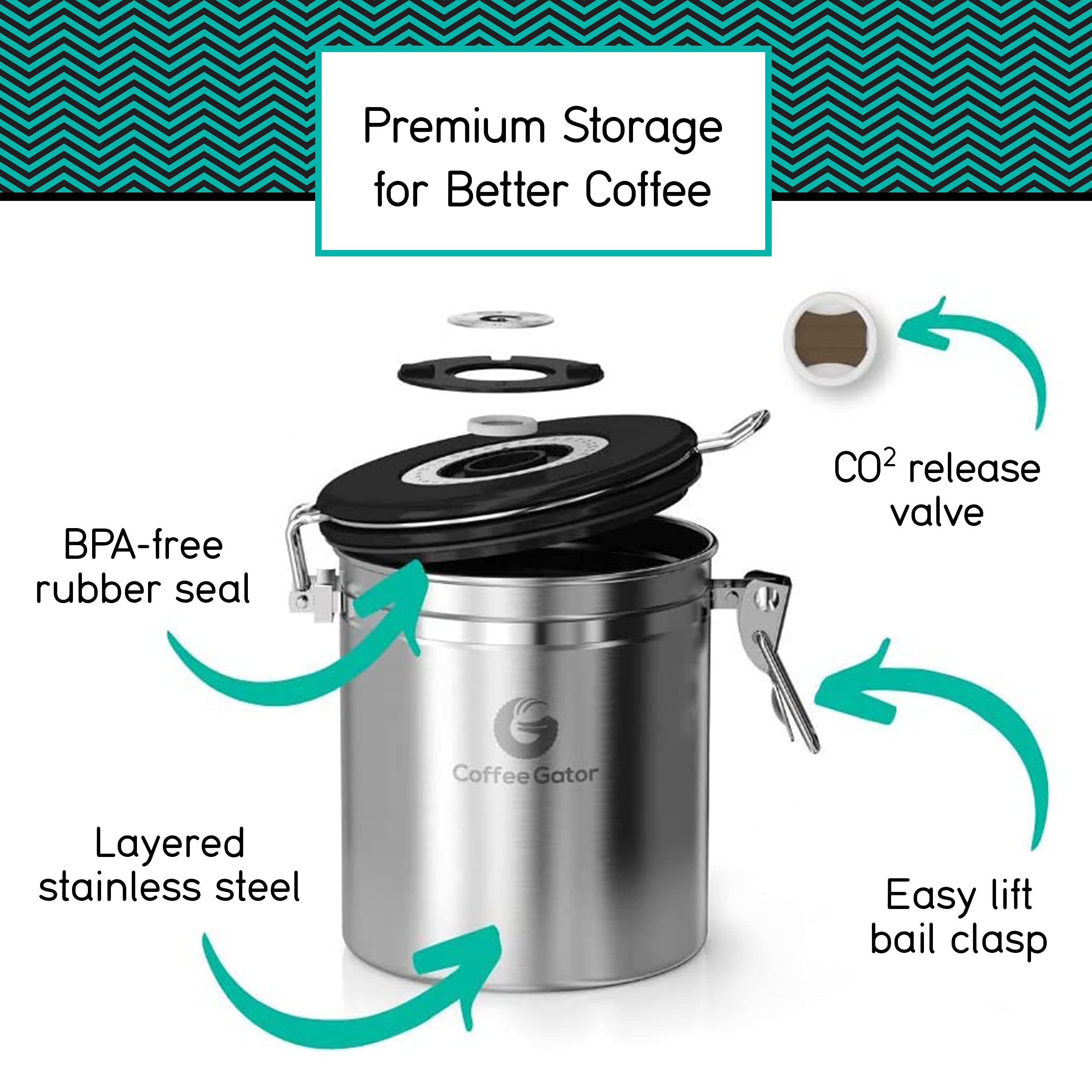 Coffee Gator Stainless Steel Canister - Medium 16oz, Gray Coffee Grounds and Beans Container with Date-Tracker, CO2-Release Valve, and Measuring Scoop - Ideal Coffee Lovers Gifts