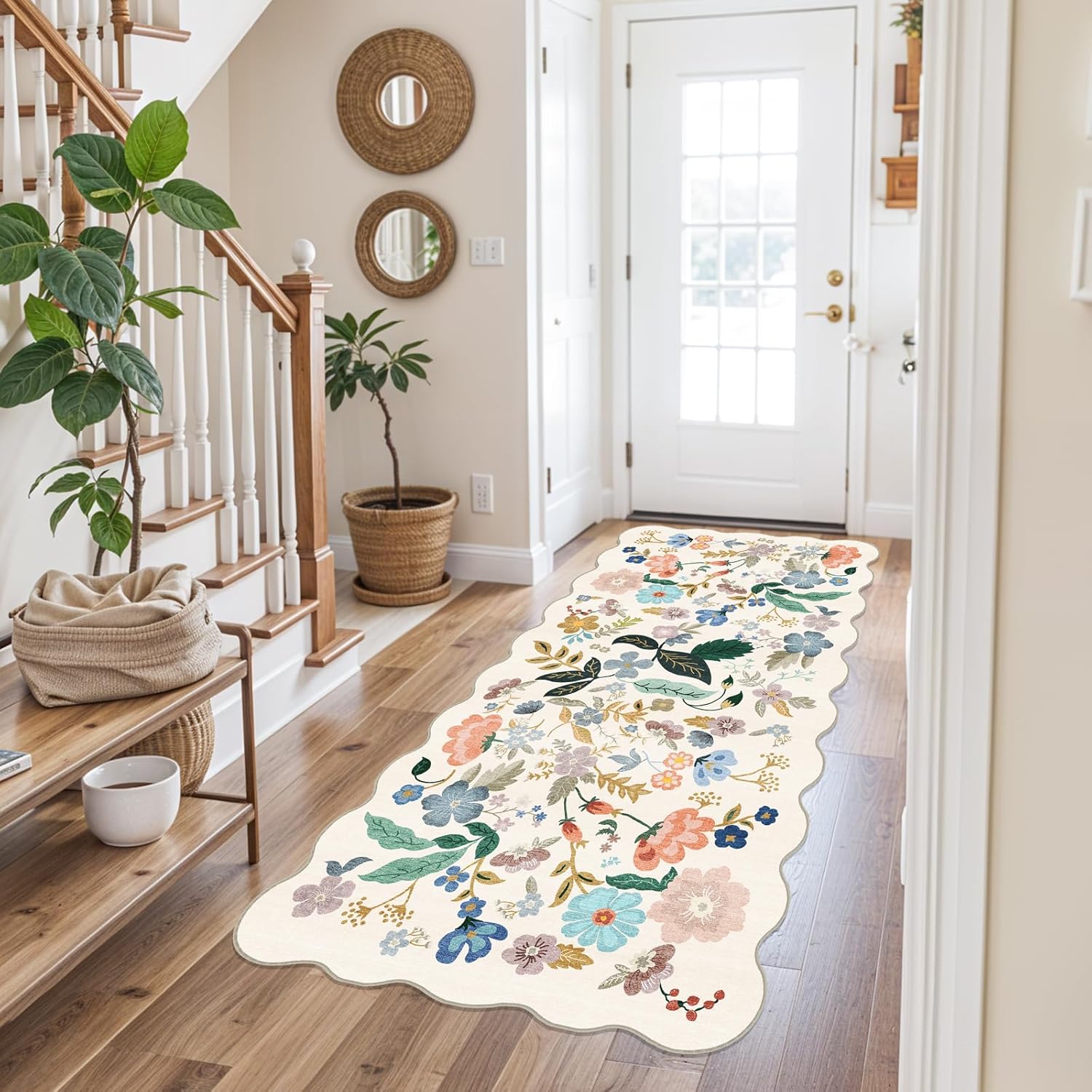 Washable 2x3 Entryway Area Rug - Neutral Kitchen Rug Runner Vintage Soft Floor Mat Non Slip Indoor Farmhouse Carpet for Bathroom Living Room Bedroom (2 X 3, Beige)