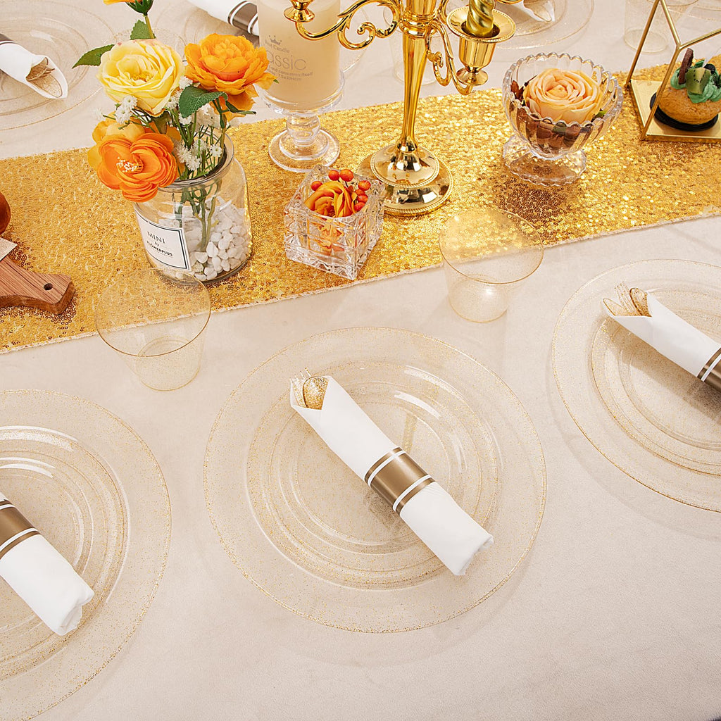 DaYammi 210Pcs White Gold Plastic Plates for Party,Gold Disposable Dinnerware Set Includes 60 gold Floral Plates,30 Plastic Silverware,30 Per Rolled Napkins,30 Cups for Mother's Day Party Wedding