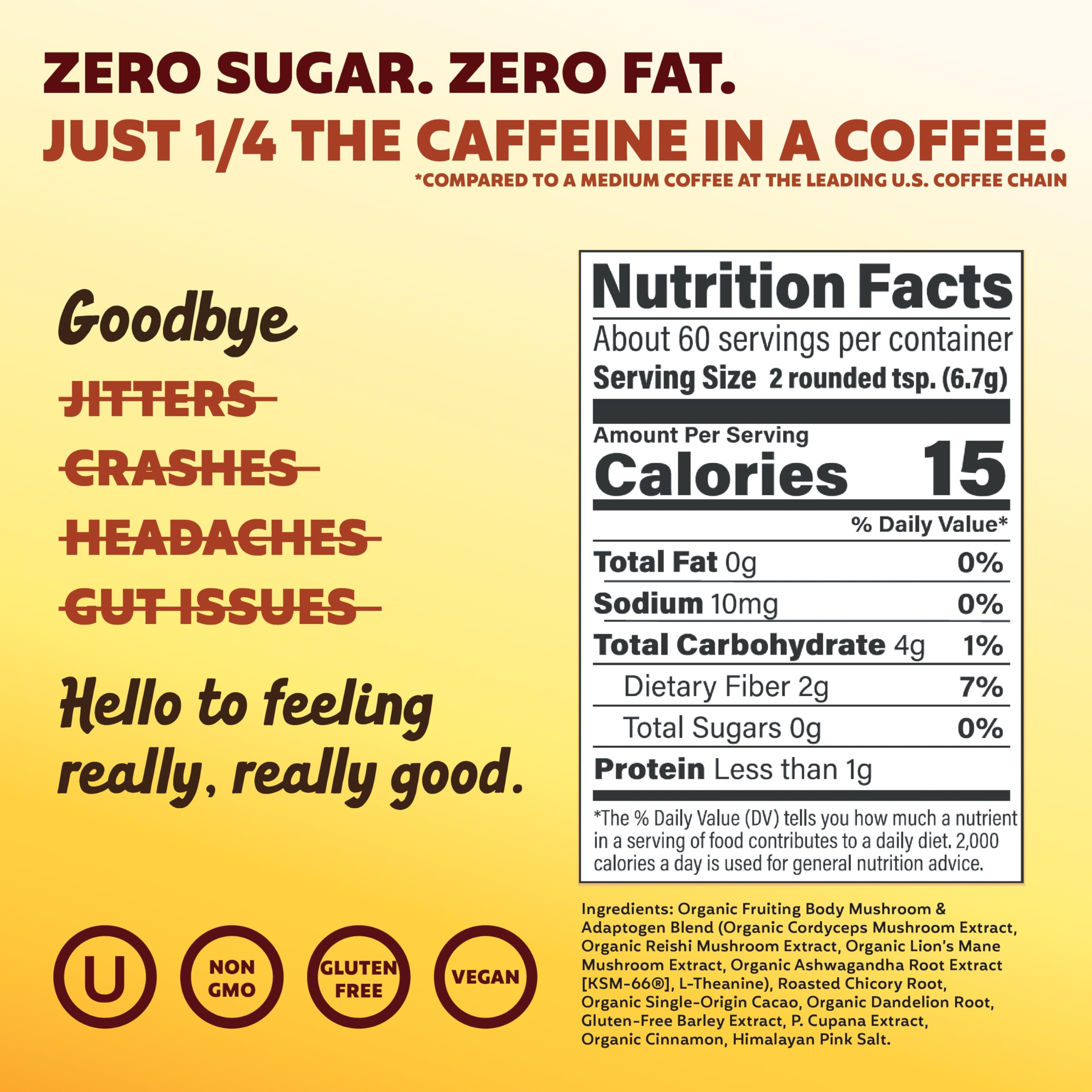 Joey Mushroom Coffee Alternative with Cacao Dandelion Root, and Chicory, Instant Mushroom Coffee Substitute with Superfoods, Vegan Gluten-Free Energy Drink for Focus and Calm, 18 Servings