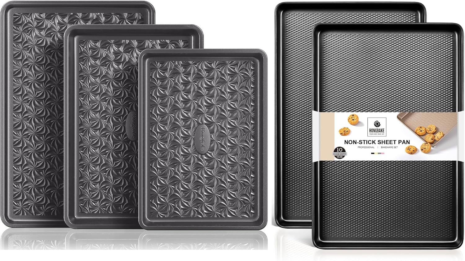 HONGBAKE 2 Pack Half Sheets with Diamond Texture & 3 Pack Baking Sheets with Floral Swirl Texture