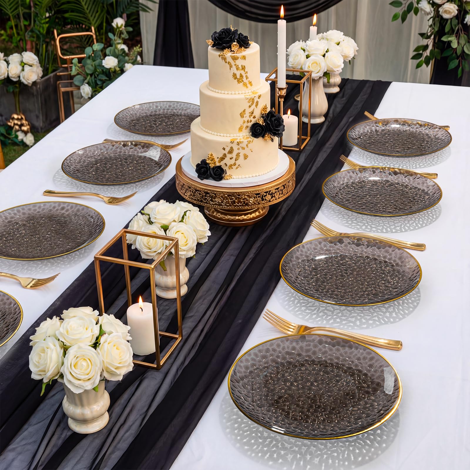DaYammi 240Pcs Gold Plastic Plates Including 120Pcs Dessert Plates and 120Pcs Cake Forks,Hammered Party Plate,Clear Gold Appetizer plates Heavy duty Disposable Plastic Plate for Party Wedding Birthday