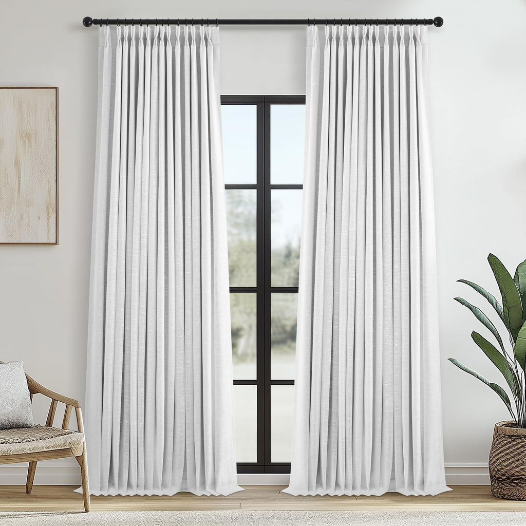 Topfinel 96 Inches Long Pinch Pleated 100% Blackout Curtains,Thermal Insulated Natural Linen Pinch Pleat Viral Drapes with Hooks Rings 2 Panel Sets,Neutral Beige Ivory 8FT Back Tab Window Curtains