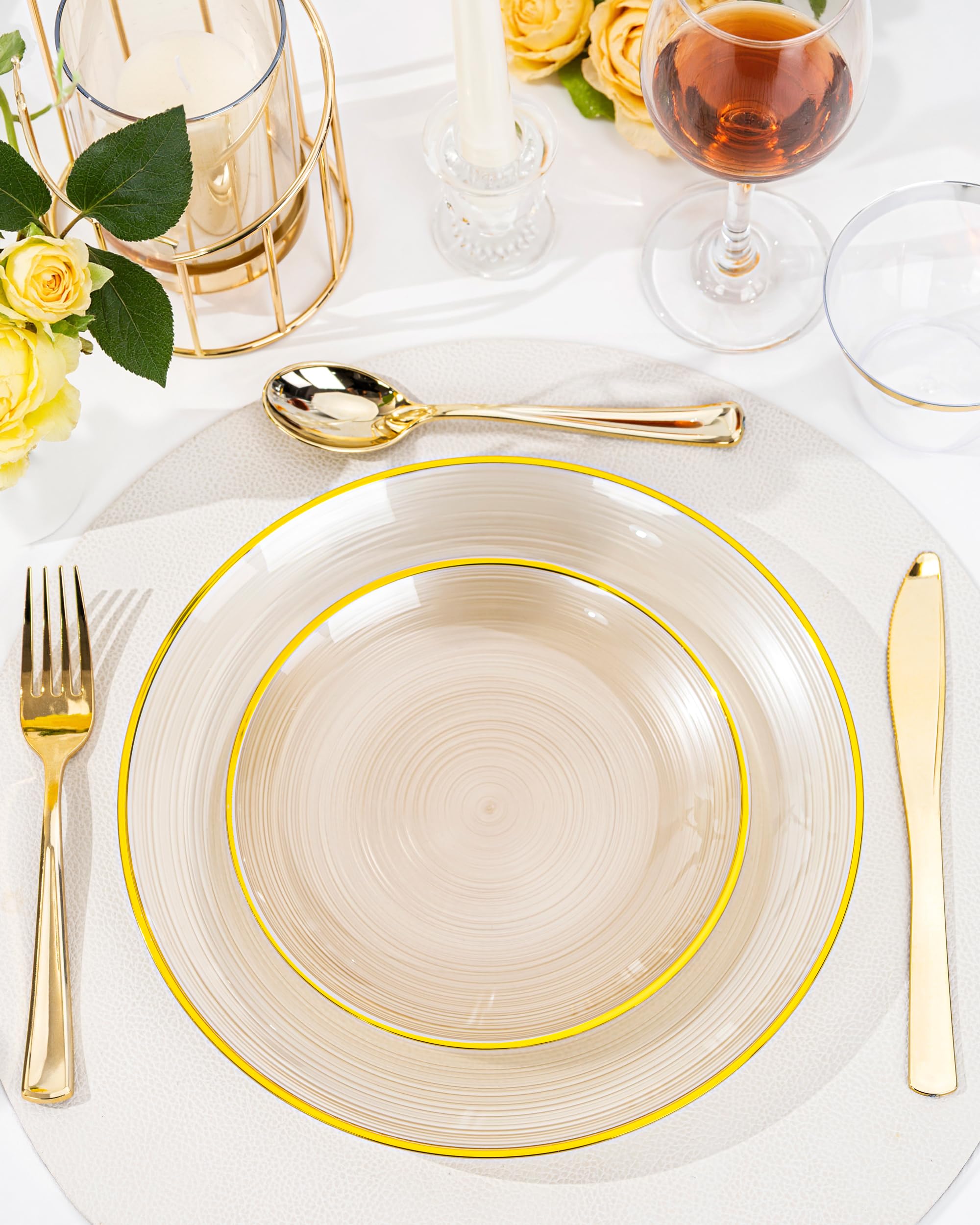 Morejoy 60Pcs Brown Plastic Plates,Brown Disposable Plates With Gold Rim, Gold Party Dinnerware Set Include 30 Dessert plates,30 Dinner plates for Party & Wedding