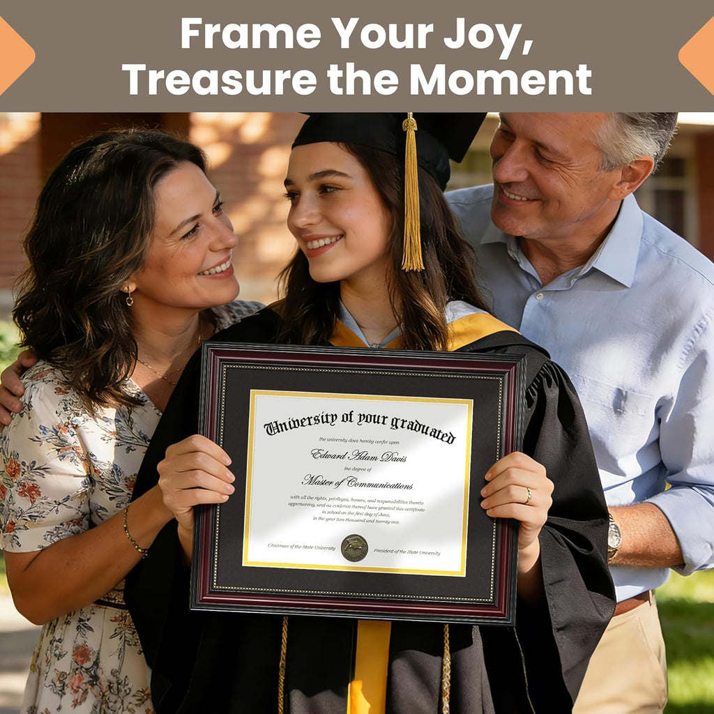 upsimples Diploma Frame 8.5 x 11 with Mat, Certificate Degree Document Frame, Displays Diploma Frame 11x14 without Mat, Classic Wood Grain with Gold Beading, Includes Black & Gold Mats, 1 Pack