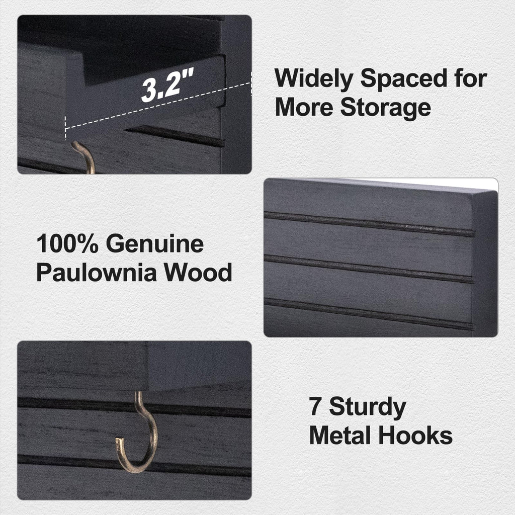 Decorative Key Holder for Wall with Shelf, Entryway Shelf with Hooks Holds Leashes, Jackets and Glasses – Sturdy Wood Keyholder Entrance Hanger with Mounting Hardware (Black, Medium)