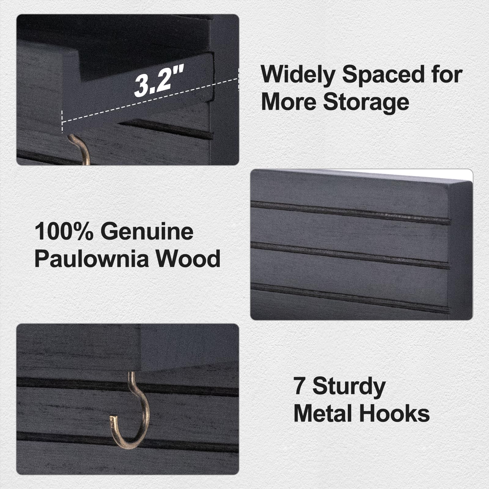 Decorative Key Holder for Wall with Shelf, Entryway Shelf with Hooks Holds Leashes, Jackets and Glasses – Sturdy Wood Keyholder Entrance Hanger with Mounting Hardware (Black, Medium)