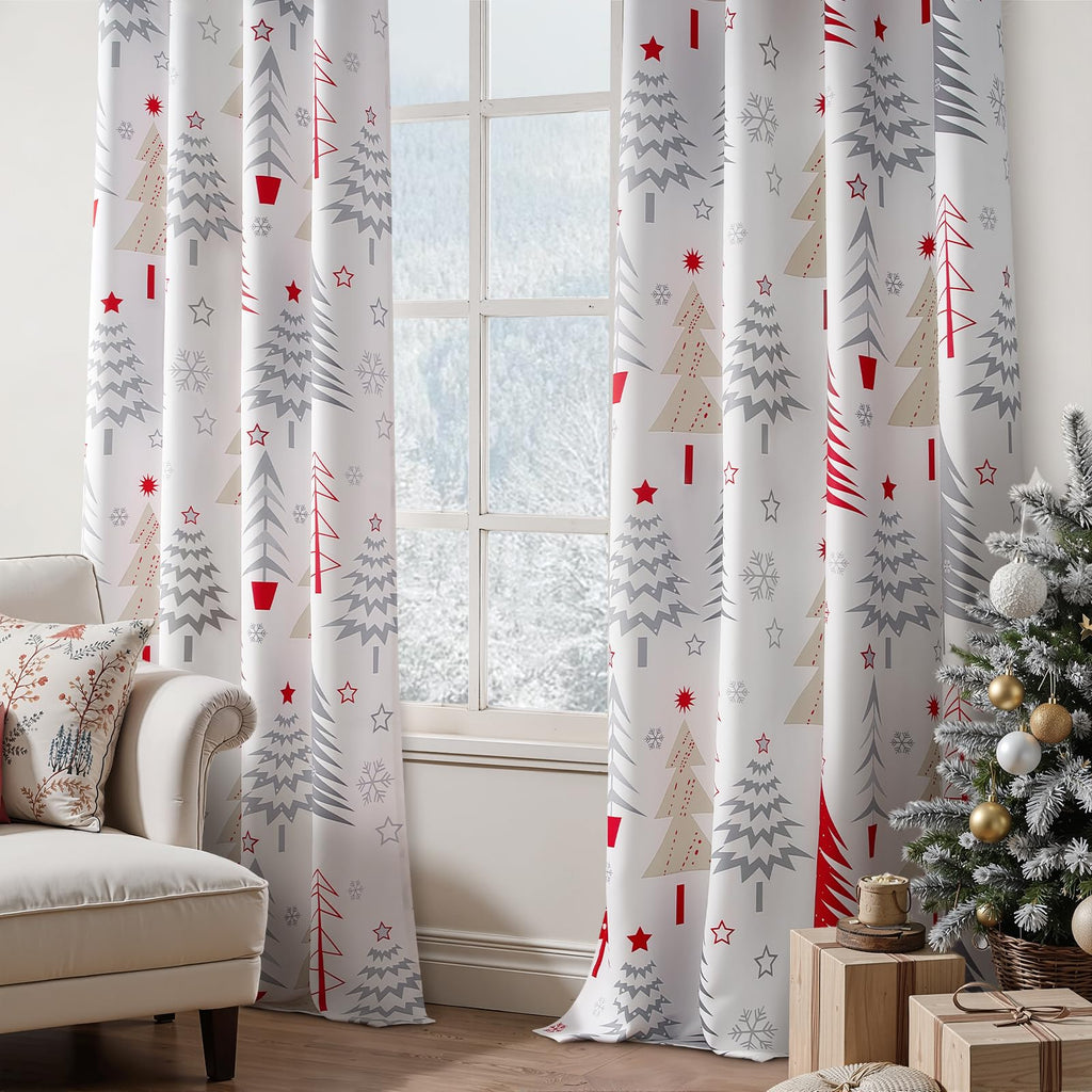 Topfinel Christmas Curtains 84 Inch Length for Living Room 2 Panels Set,Grommet Xmas Decoration Window Curtains with Christmas Tree and Snowflake Print for Bedroom,Set of 2,52x84 Inches Long,White