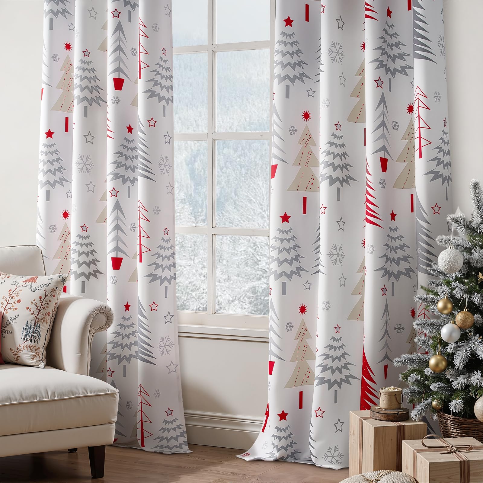 Topfinel Christmas Curtains 84 Inch Length for Living Room 2 Panels Set,Grommet Xmas Decoration Window Curtains with Christmas Tree and Snowflake Print for Bedroom,Set of 2,52x84 Inches Long,White