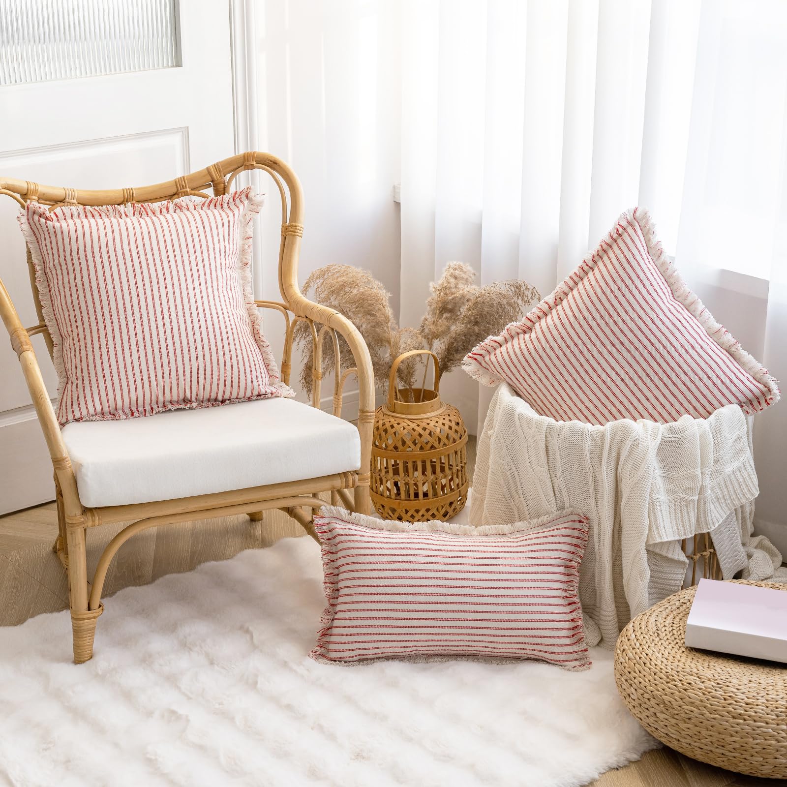 YEENAASY Throw Pillow Covers 20x20 Set of 2 Striped Fringe Pillow Cover Farmhouse Cushion Covers with Tassel Neutral Boho Pillows Decorative Square Pillowcase for Couch Sofa Bed, Black