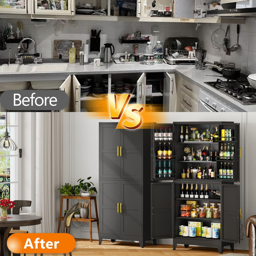 GAIOUS Metal Pantry Cabinet, Kitchen Pantry Storage Cabinets with 2 Door and 3 Adjustable Shelves, White Kitchen Pantry Cabinet, Freestanding Cupboard for Dining Room Living Room Bathroom