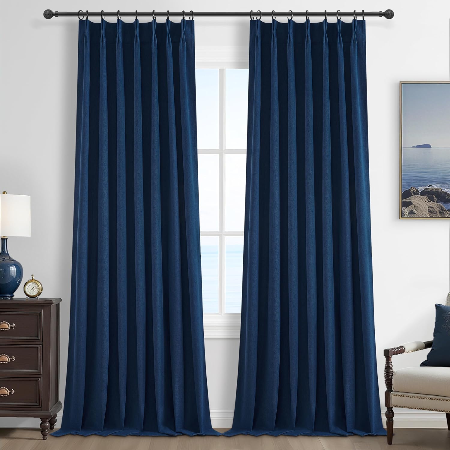 Natural Linen Pinch Pleated Blackout Curtains & Drapes 96 Inch Long Bedroom/Livingroom Farmhouse Curtains 2 Panel Sets, Neutral Track Room Darkening Thermal Insulated 8ft Back Tab Window Curtain